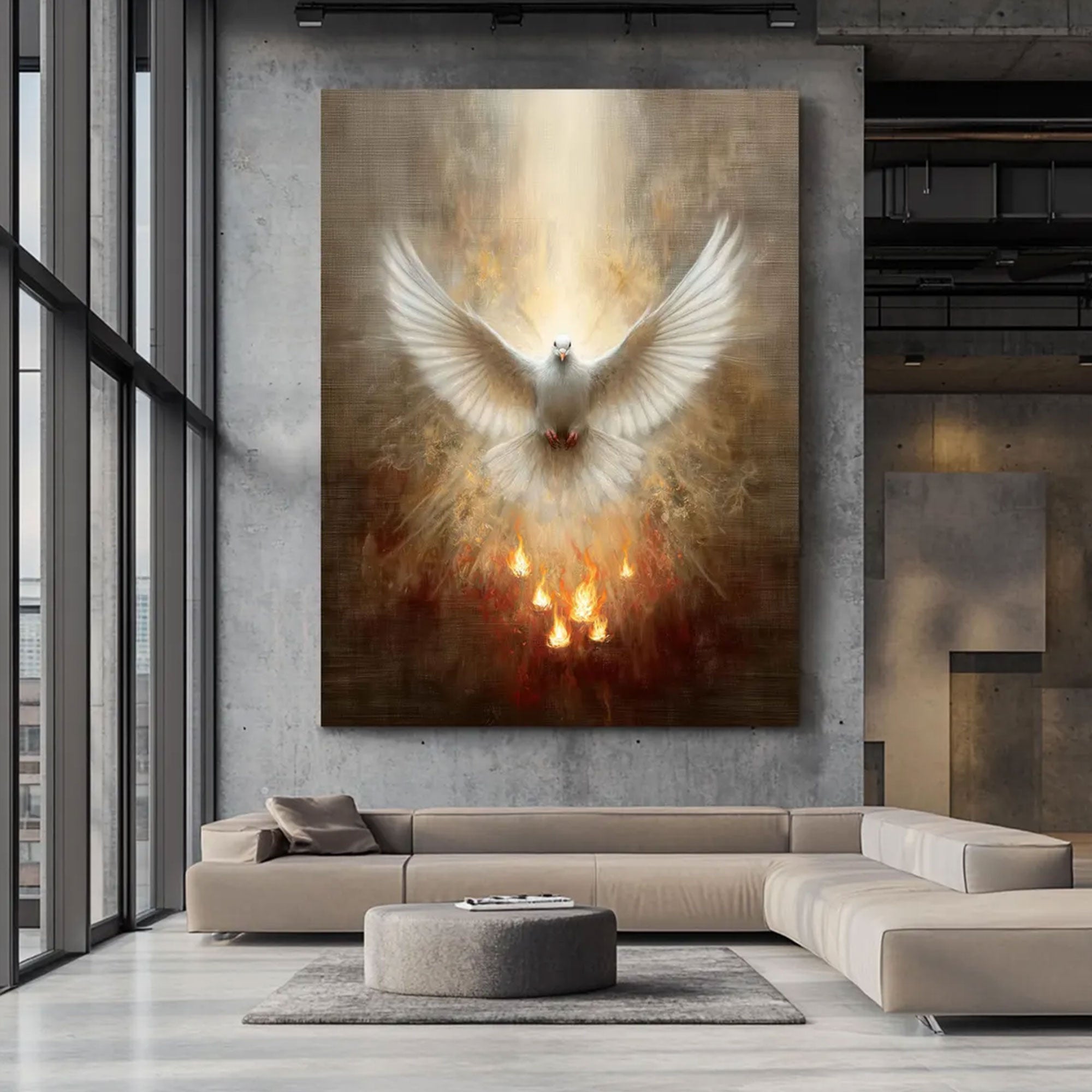 Holy Spirit Dove Canvas Print, Pentecost Fire Christian Wall Art, Religious Faith Decor, Sacred Spiritual Artwork