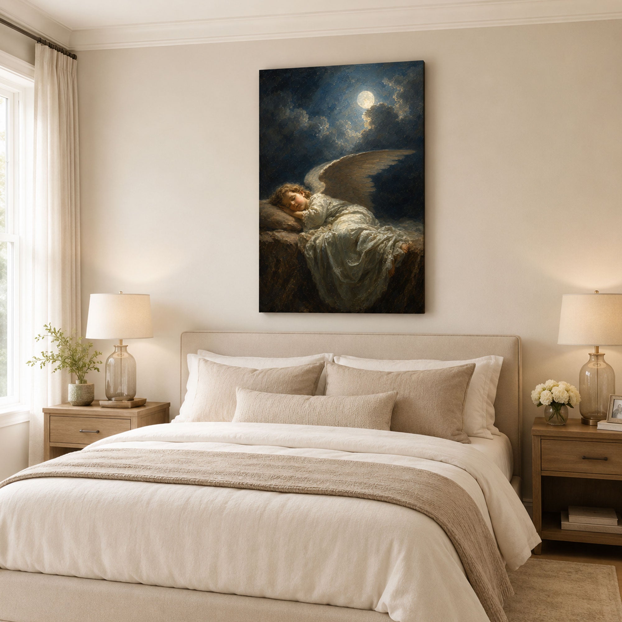 Sleeping Guardian Angel Canvas Print, Peaceful Heavenly Christian Wall Decor, Faith Gift