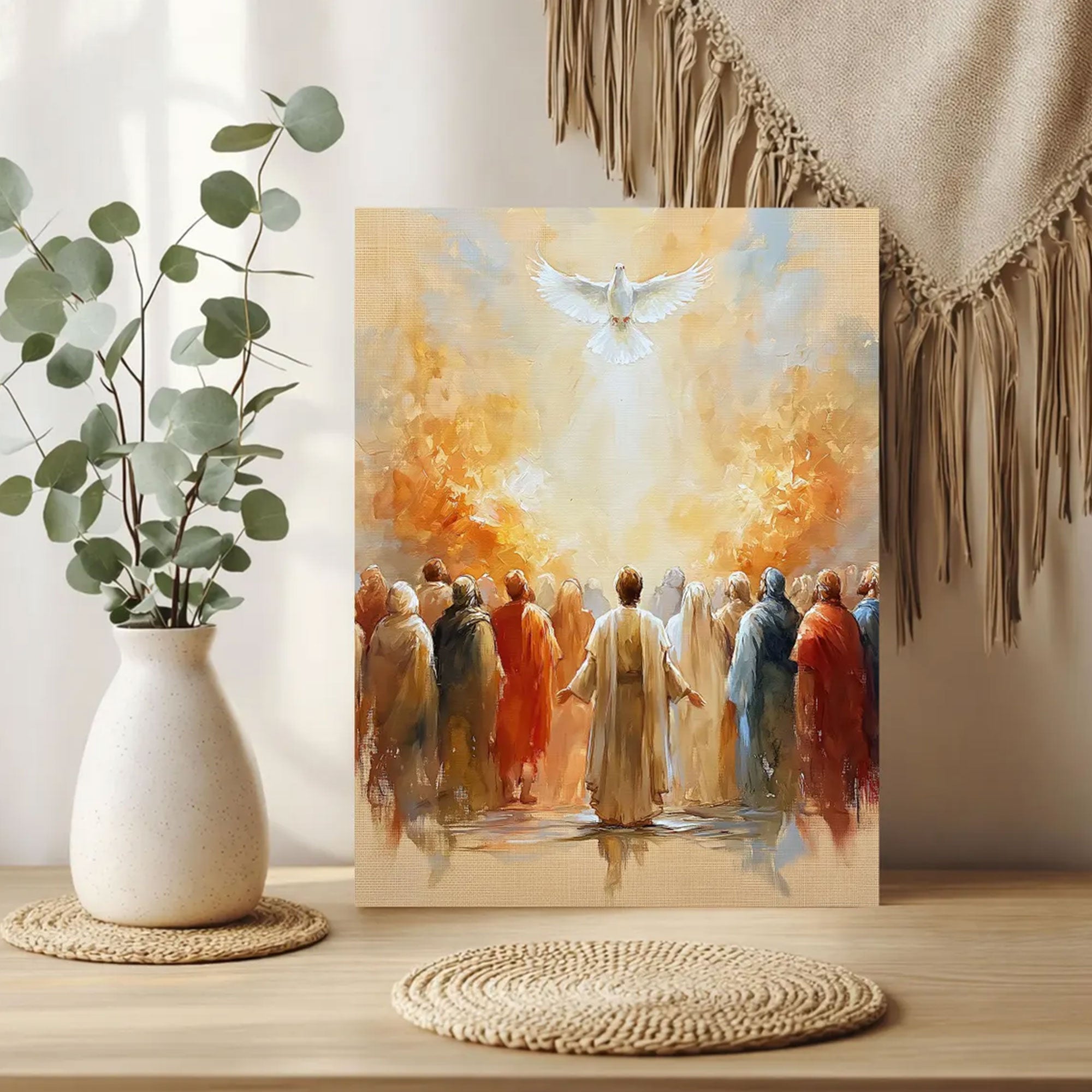 Pentecost Holy Spirit Canvas Print, Dove Christian Wall Art, Biblical Fire Faith Decor