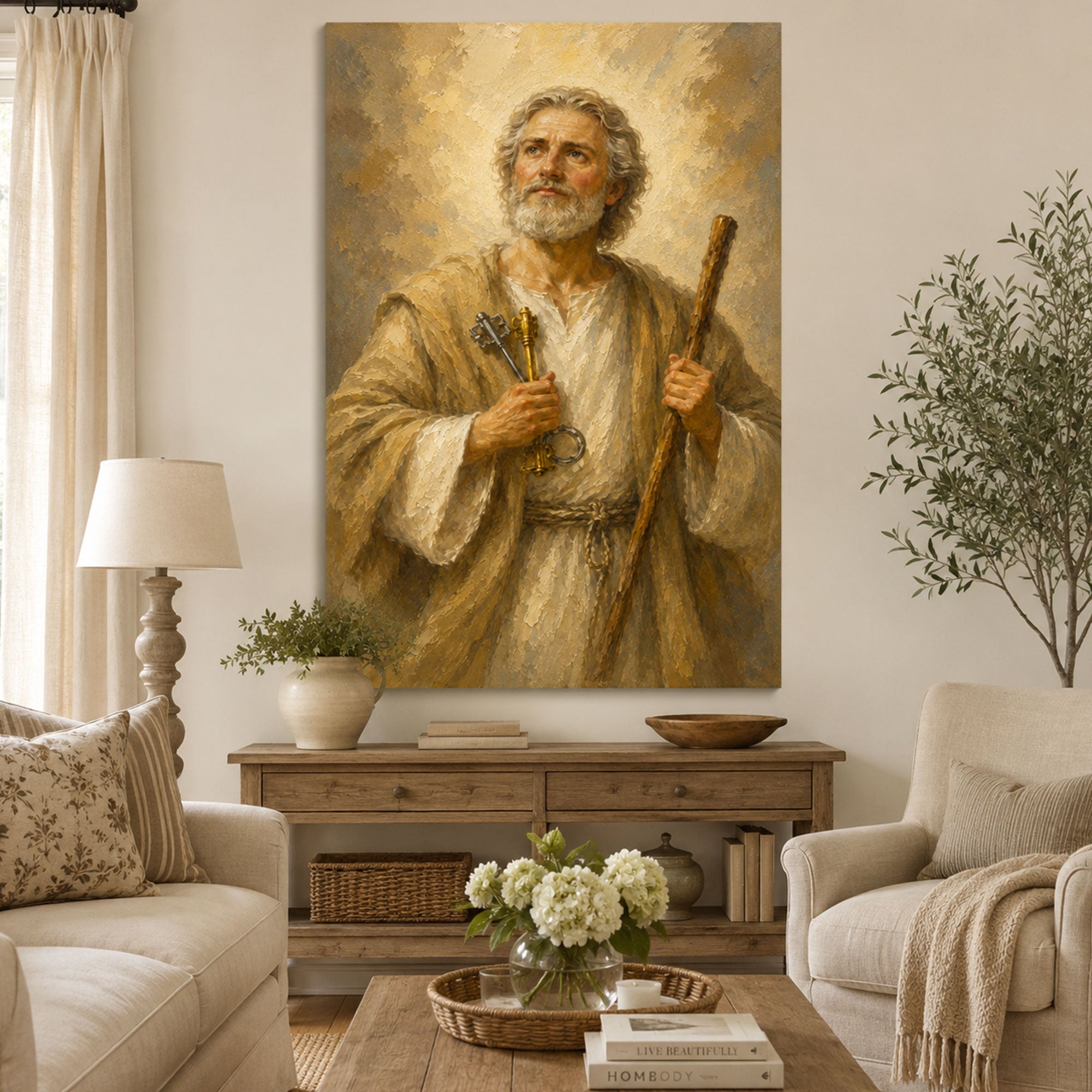 Saint Peter with Keys Canvas Print, Catholic Apostle Wall Art, Faith Home Decor Gift