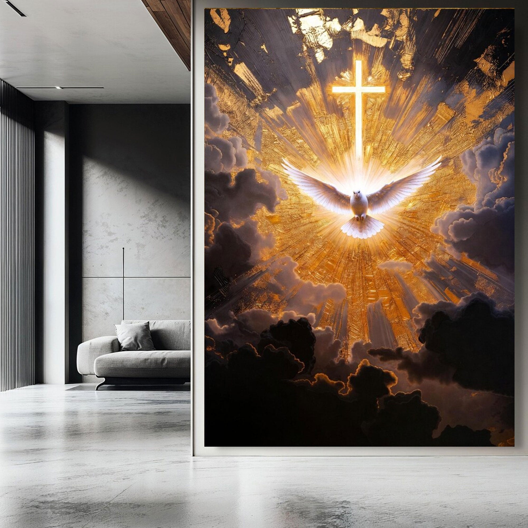 Radiant Holy Spirit Canvas Print, Glowing Cross and Dove Wall Art, Golden Light Christian Decor, Symbol of Divine Presence, Inspirational Faith Gift