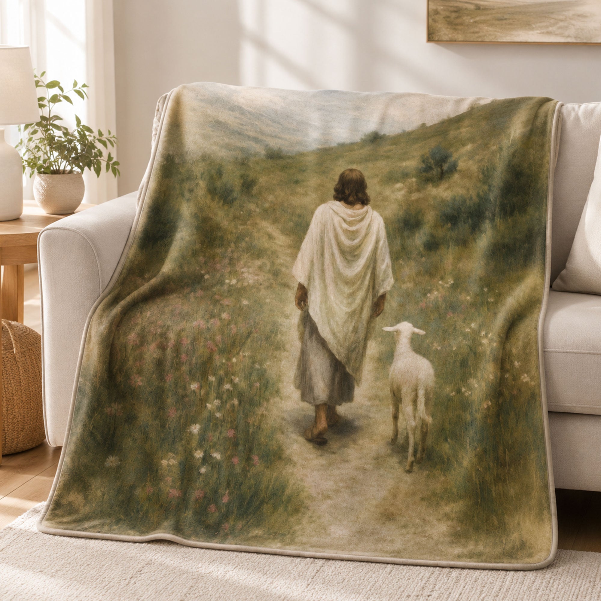Jesus Walking with Lamb Fleece Blanket, Good Shepherd Christian Throw, Faith Gift for Believers