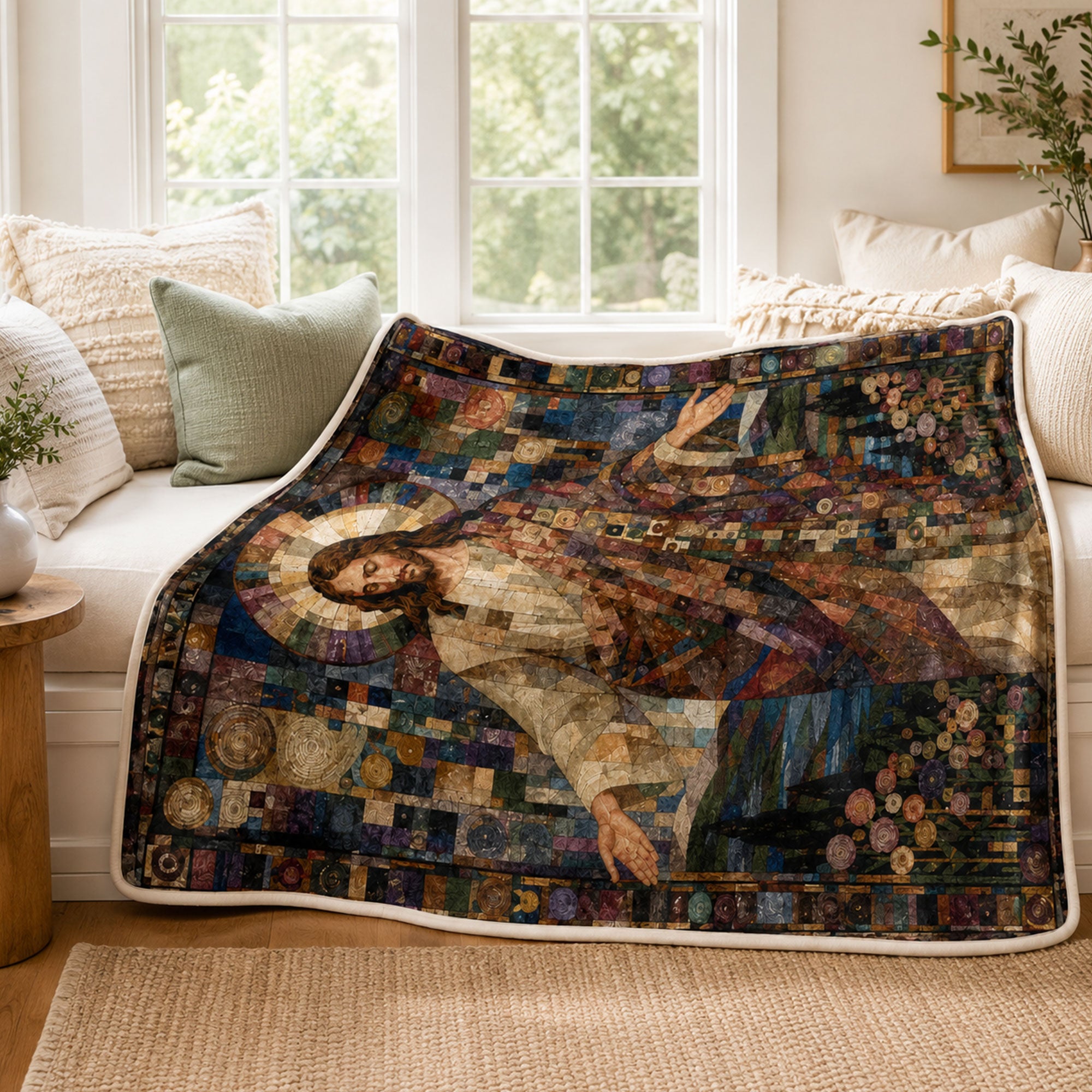 Jesus Christ Mosaic Fleece Blanket, Christian Faith Throw, Religious Gift for Believers