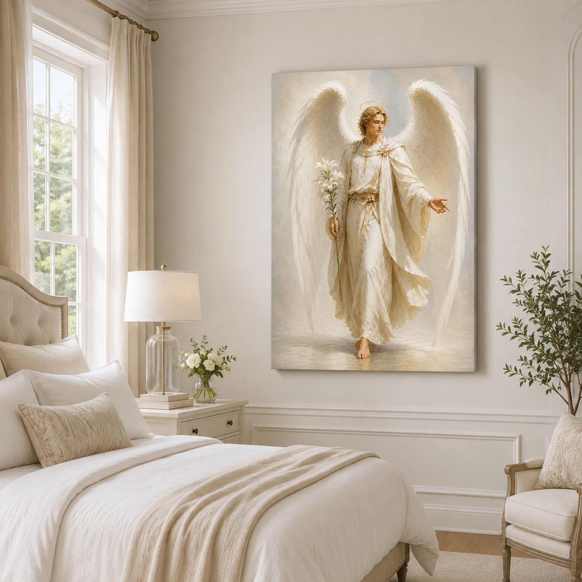 Archangel Gabriel with Lily Canvas Print, Catholic Messenger Angel Wall Art, White and Gold Faith Home Decor Gift