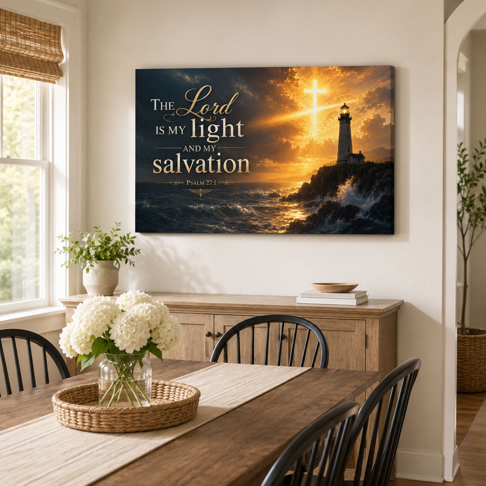 Psalm 27:1 Lighthouse Canvas Print, The Lord Is My Light Christian Wall Art, Coastal Faith Home Decor Gift