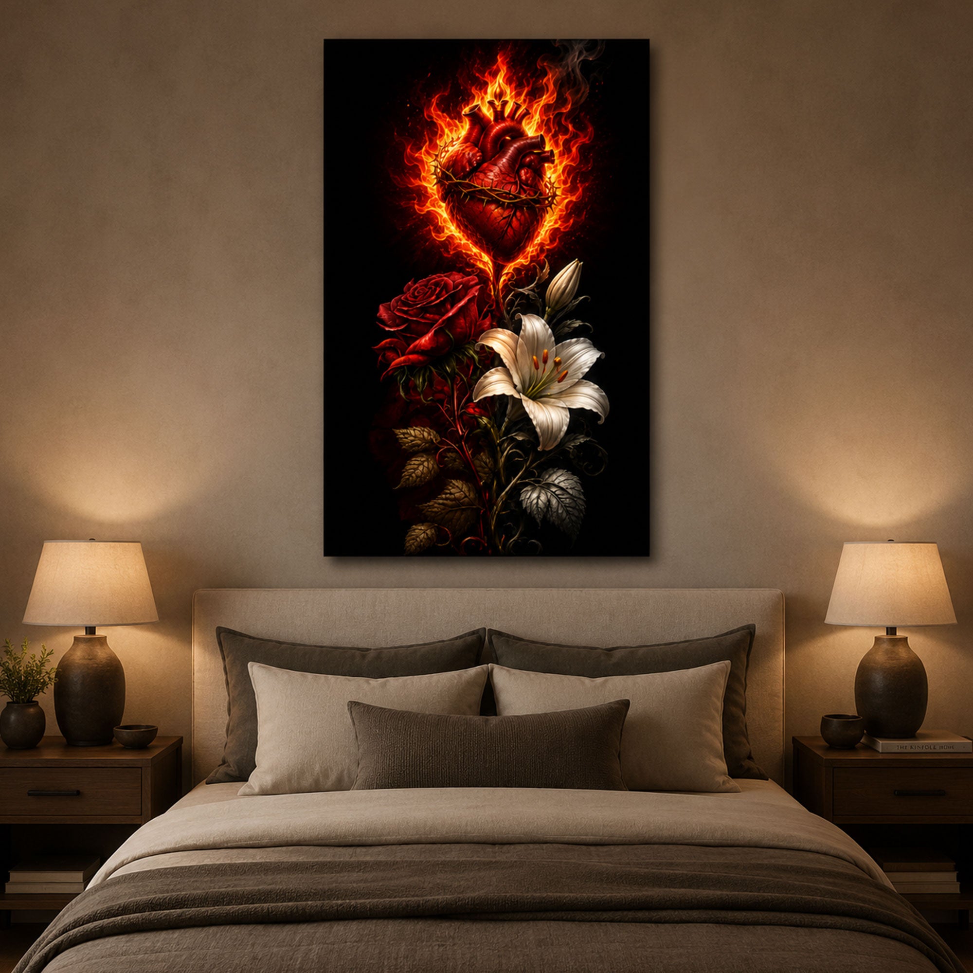Sacred Heart of Jesus Canvas Print, Catholic Wall Art, Flaming Sacred Heart with Roses and Lily, Christian Religious Home Decor
