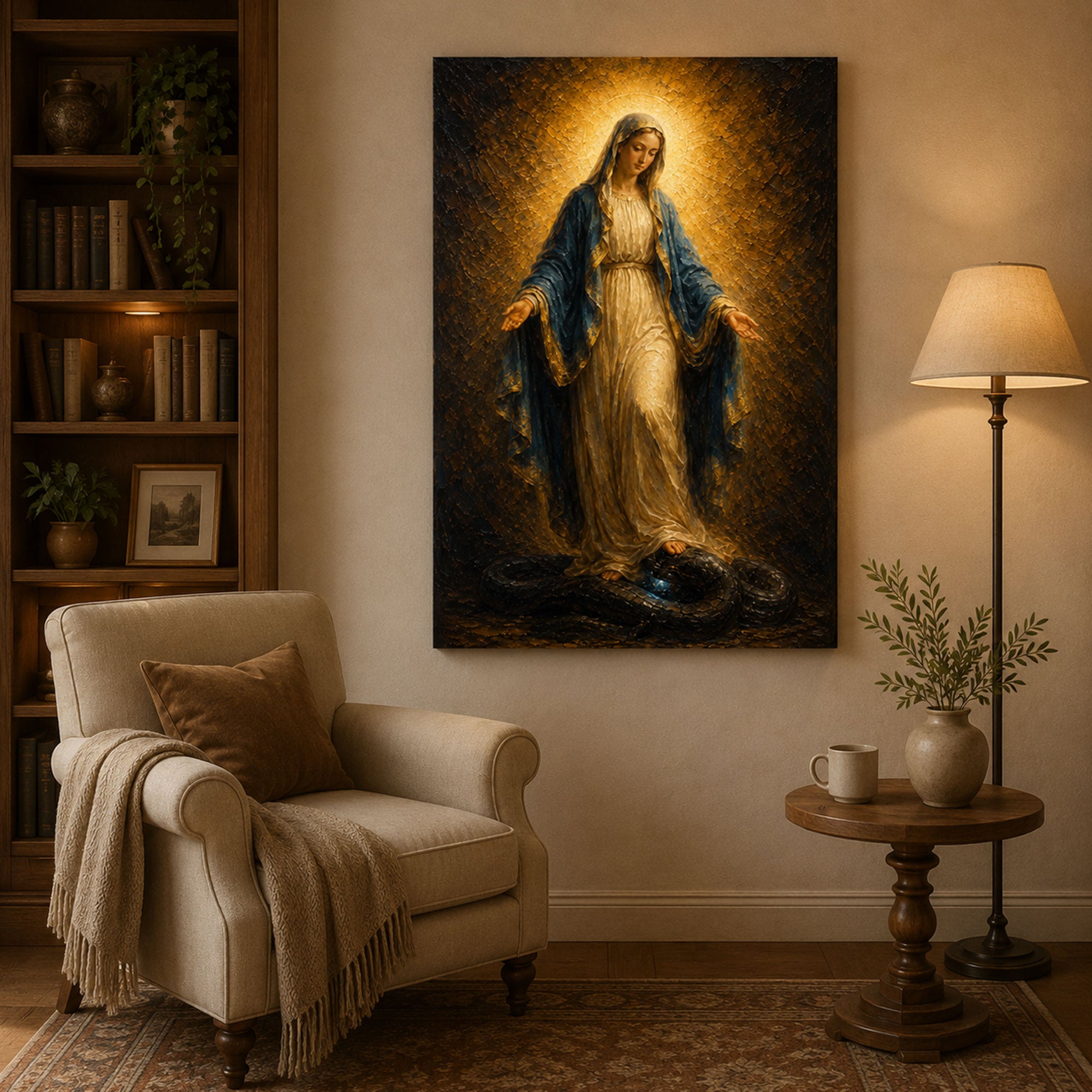 Virgin Mary Crushing Serpent Canvas Print, Catholic Wall Art, Grace Faith Home Decor