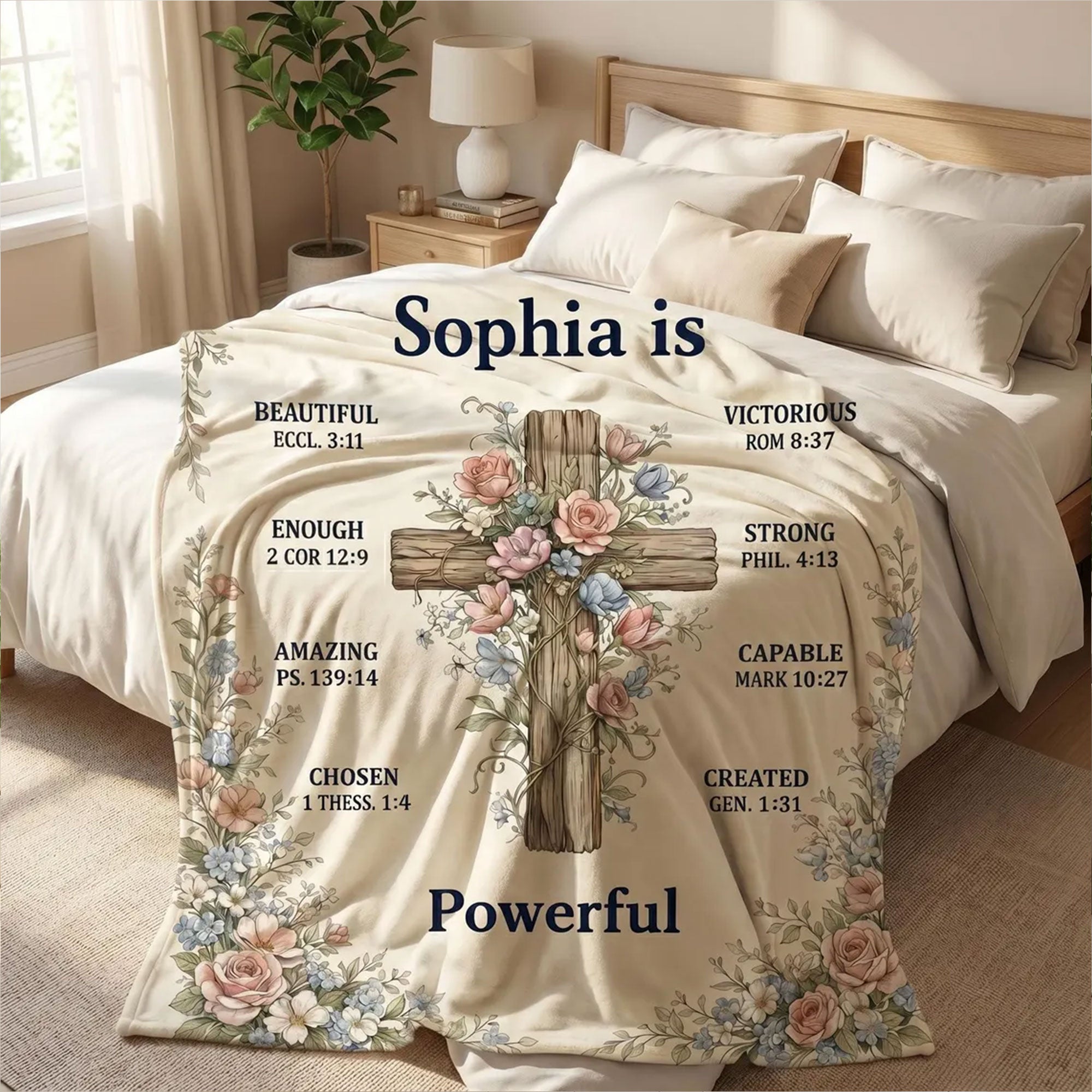 Personalized Christian Blanket, Custom Bible Verse Throw, Cross Floral Blanket, Inspirational Gift for Friends, Faith Home Decor