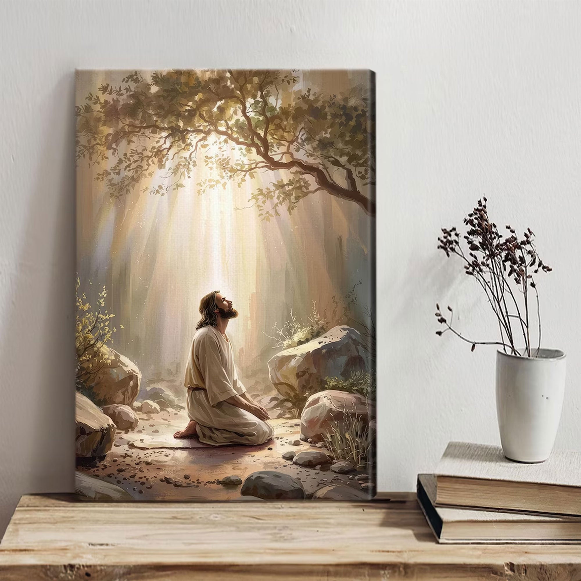 Jesus Praying in Garden of Gethsemane Canvas Wall Art – Christian Prayer Artwork, Religious Home Decor