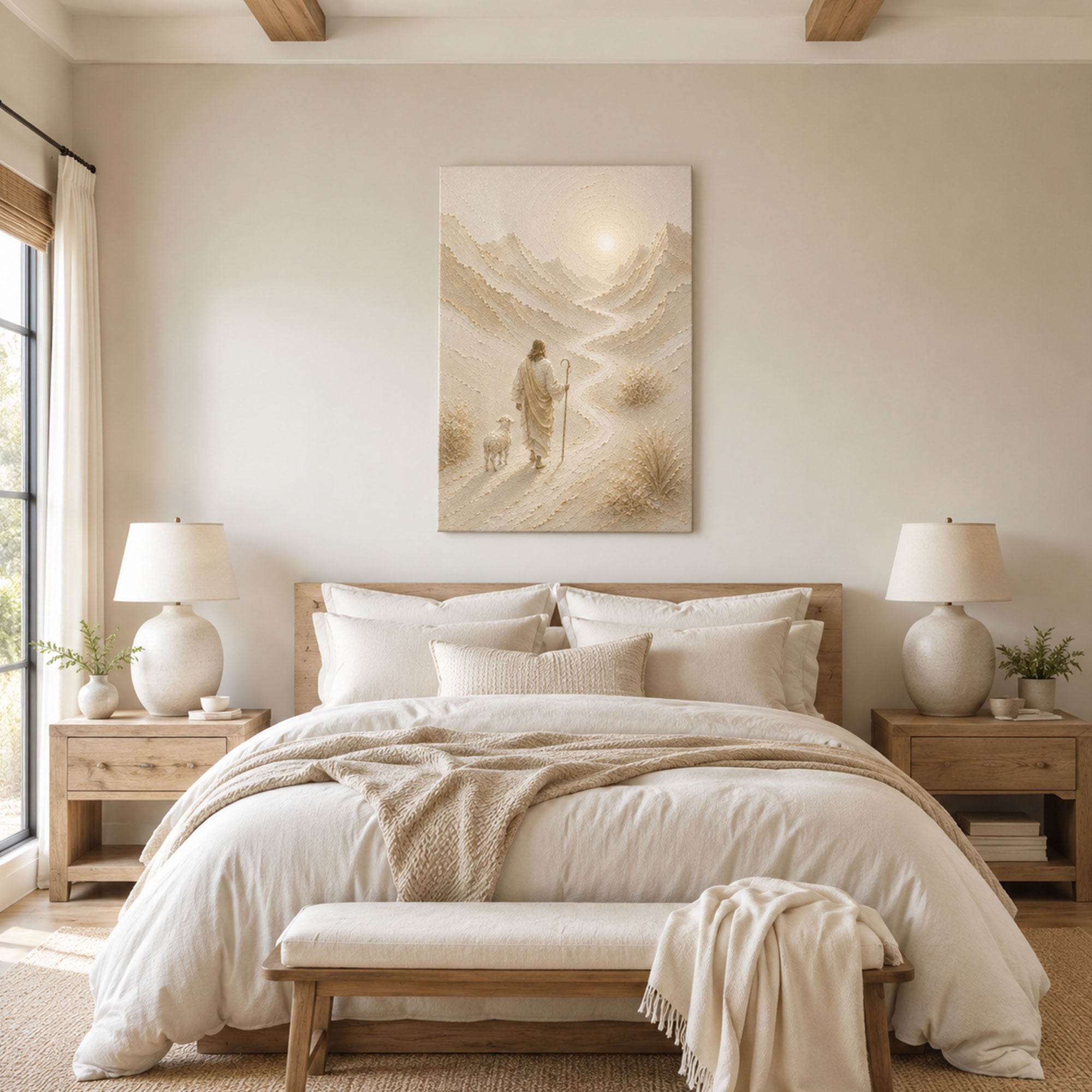 Jesus the Good Shepherd Canvas Print, Soft Neutral Christian Decor