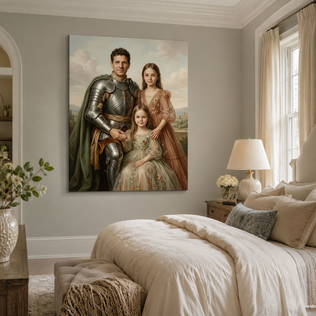 Custom Face For Dad Romantic Knight Canvas, Personalized Father and Daughters Portrait, Father’s Day Gift