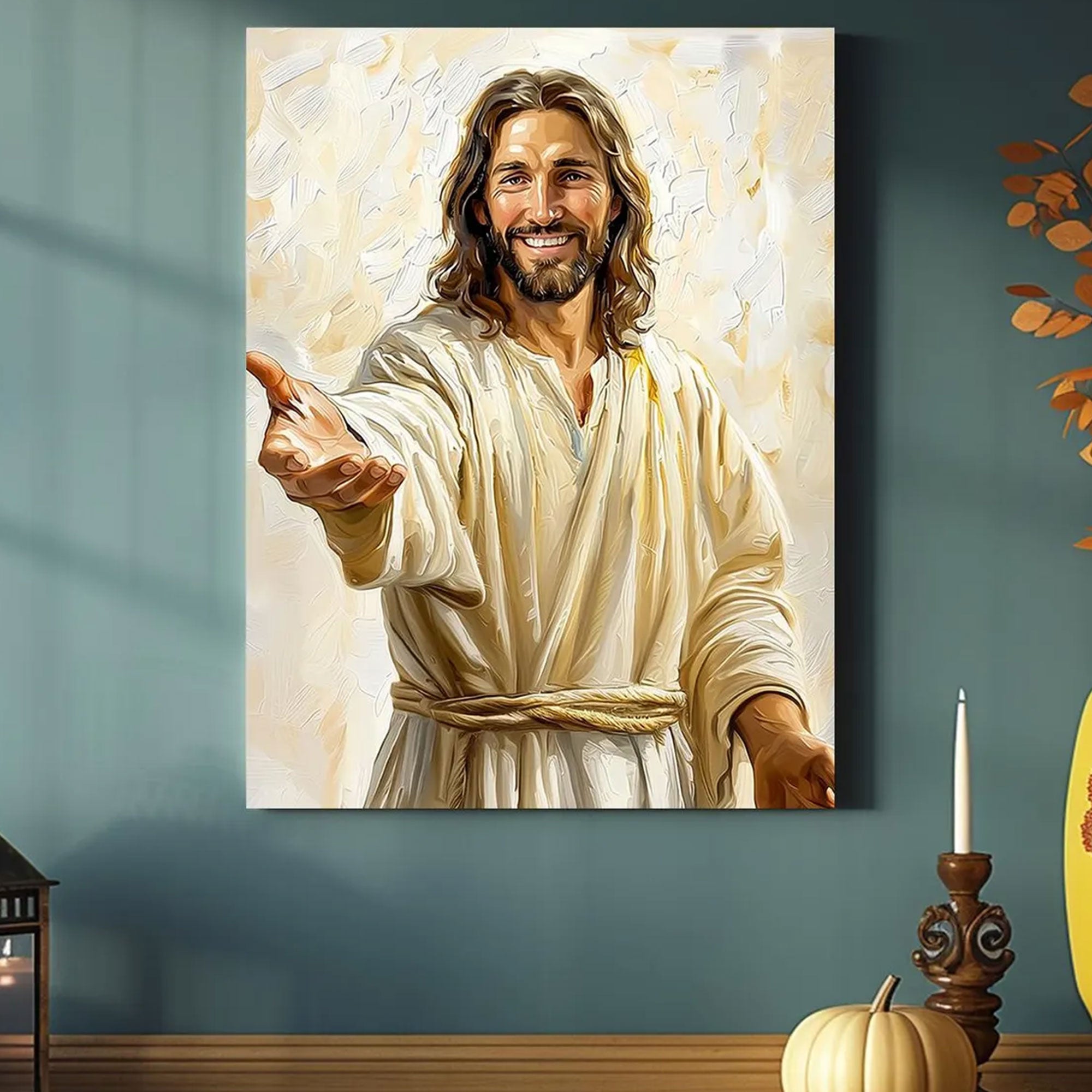 Smiling Jesus Welcoming Canvas Print, Open Arms Savior Wall Art, Christian Faith Home Decor, Religious Gift
