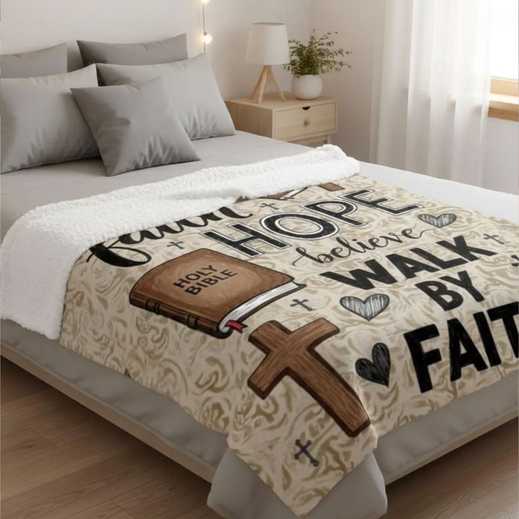 Faith Hope Believe Sherpa Fleece Blanket, Walk By Faith Jesus Throw Blanket, Christian Gift, Inspirational Faith Home Decor
