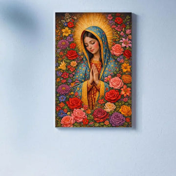 Virgin Mary Floral Canvas Print, Catholic Christian Wall Art, Blessed Mother Flower Painting, Framed Religious Home Decor, Inspirational Faith Gift