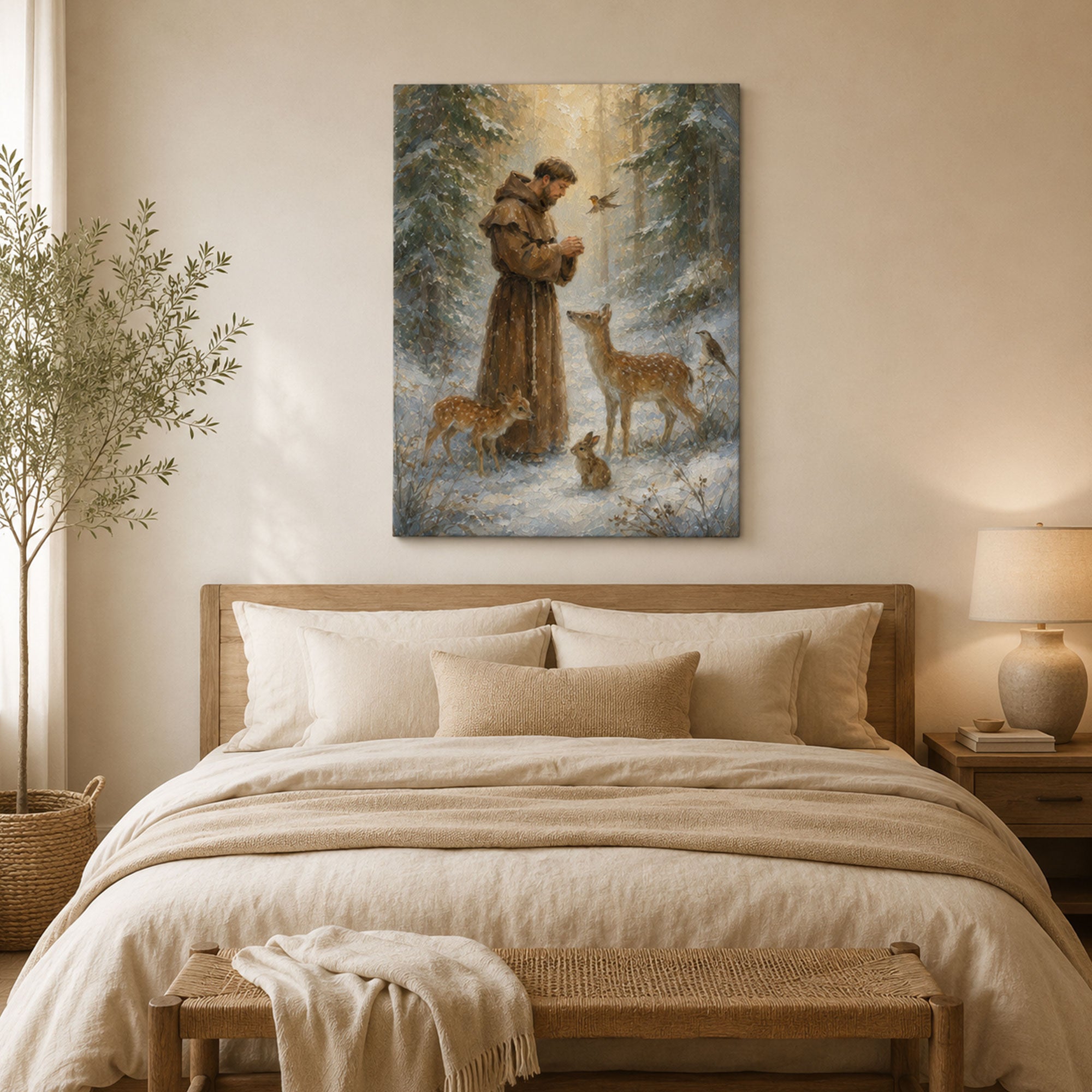 Saint Francis of Assisi Canvas Print, Catholic Saint Wall Art with Woodland Animals, Christian Home Decor Gift
