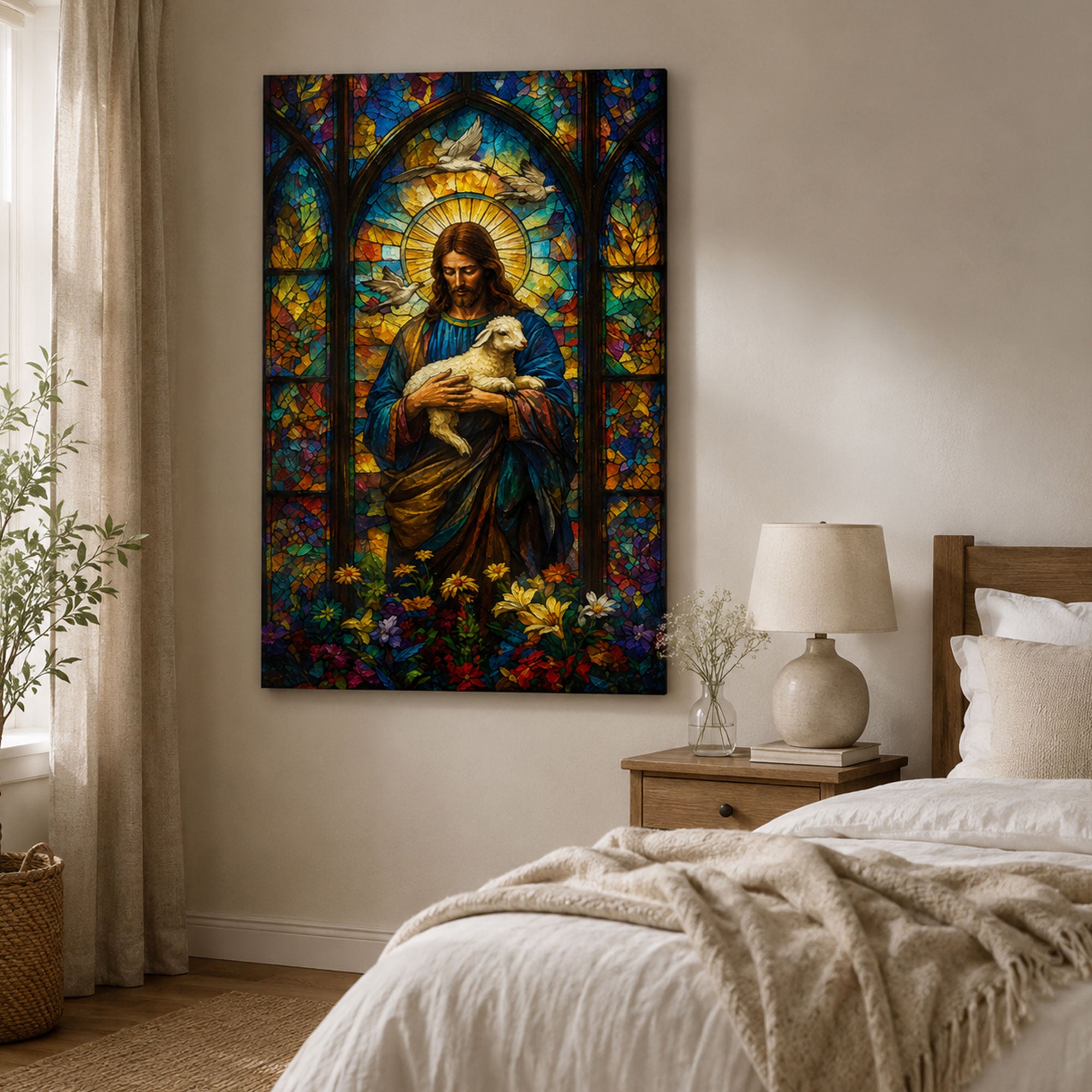 Jesus with Lamb Canvas Print, Stained Glass Christian Wall Art, Faith Home Decor