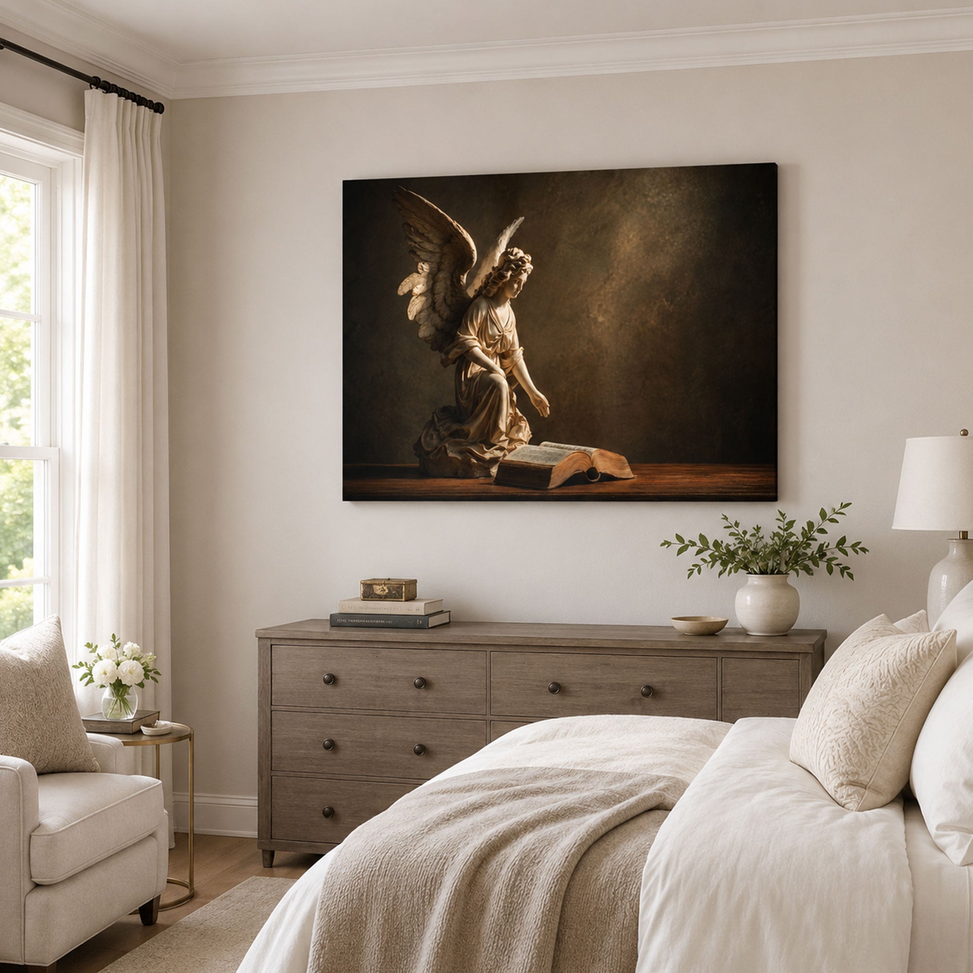 Praying Angel with Open Bible Canvas Print, Christian Faith Wall Art, Heavenly Home Decor Gift