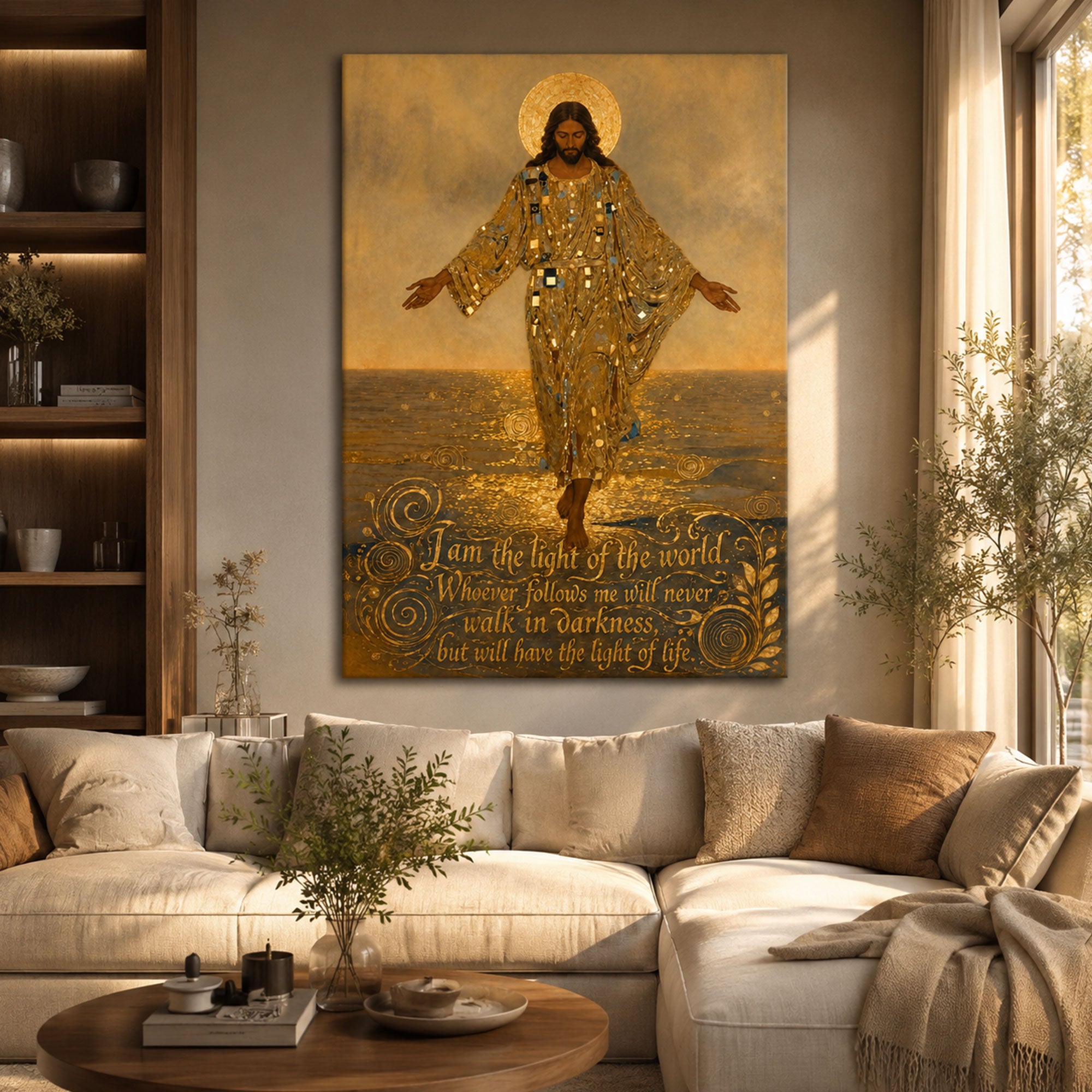 I Am the Light of the World Canvas Print, Golden Jesus Christian Wall Art, Inspirational Bible Verse Faith Decor