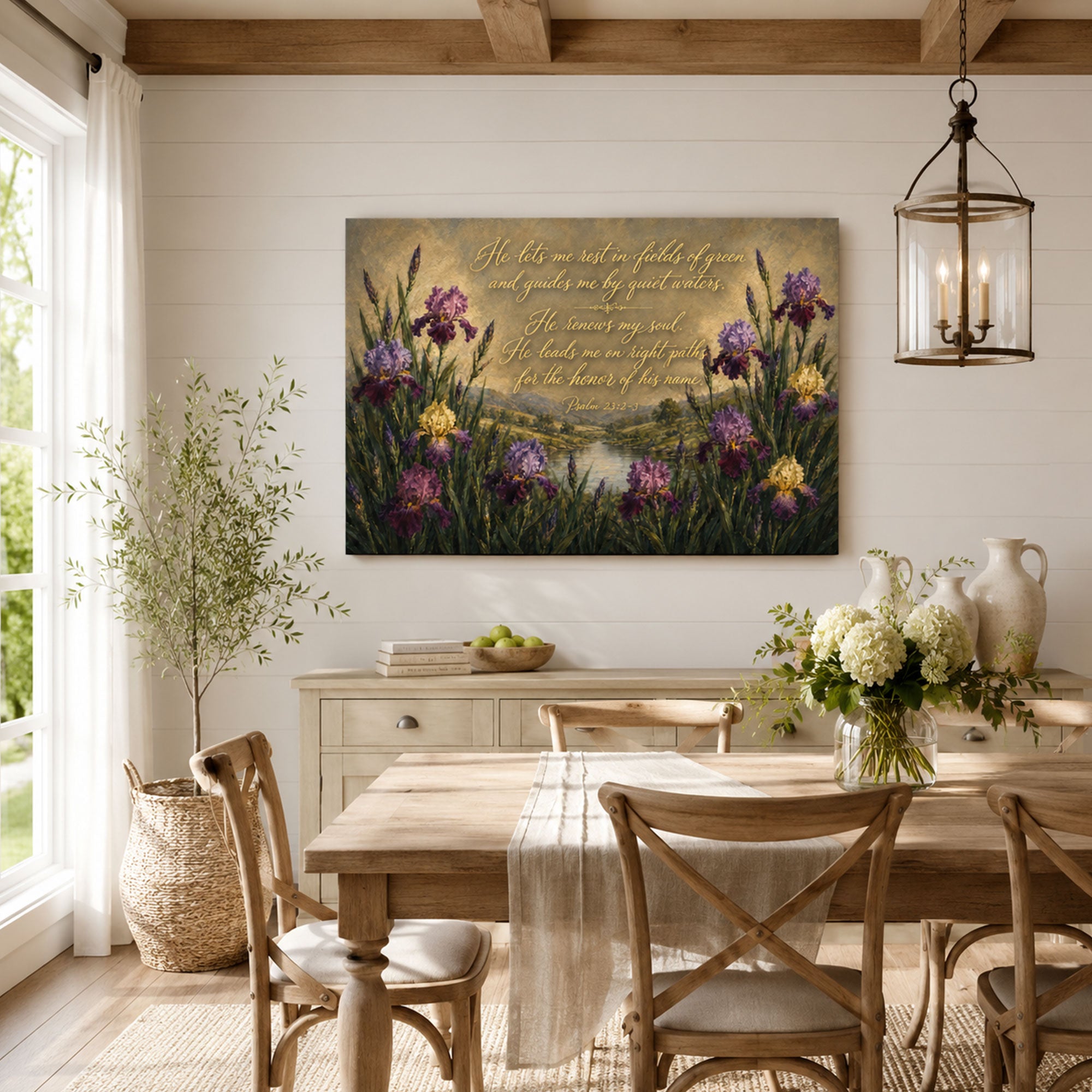 Psalm 23:2-3 Canvas Print, Green Pastures and Quiet Waters Christian Wall Decor, Bible Verse Faith Gift
