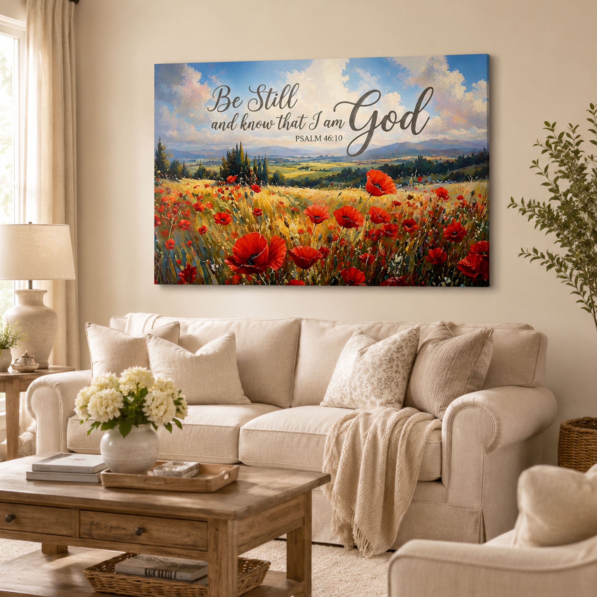 “Be Still and Know That I Am God” Psalm Canvas Print, Jesus in Poppy Field Wall Art, Christian Faith Decor