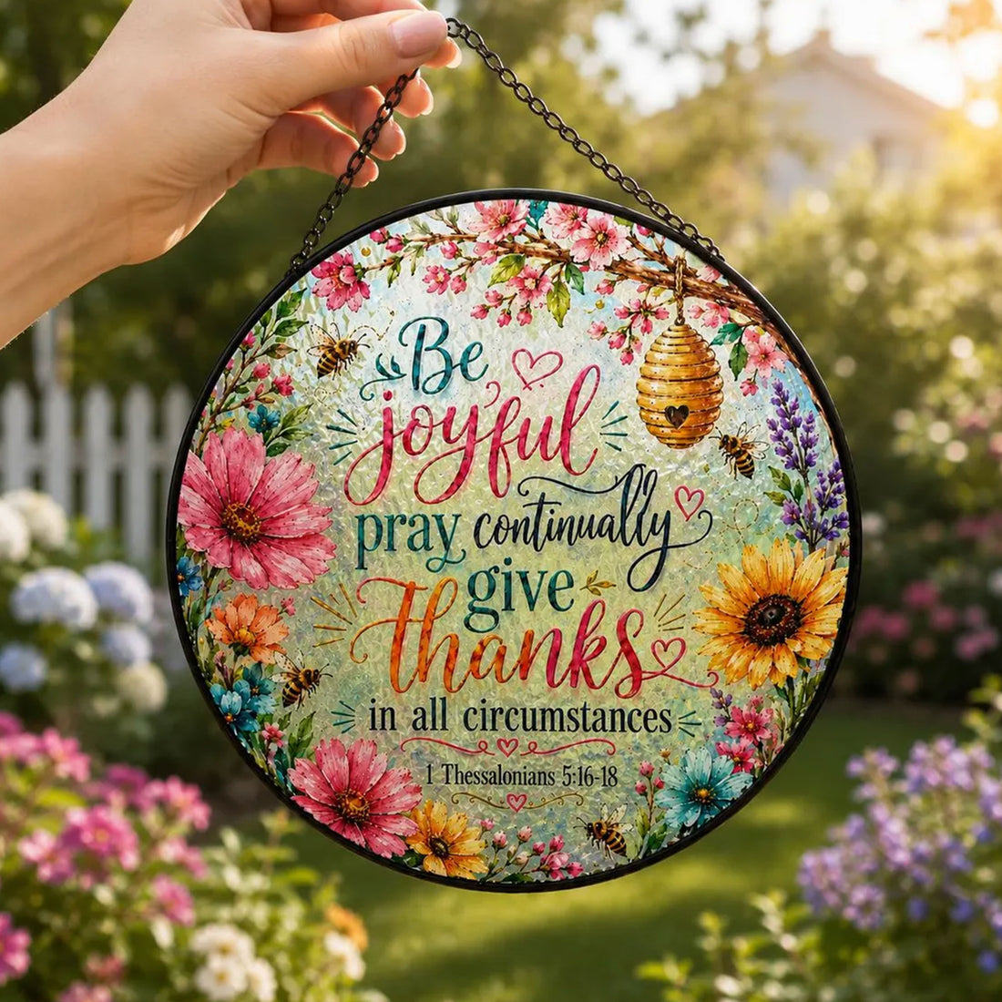 Be Joyful, Pray Continually, Give Thanks Suncatcher, 1 Thessalonians 5:16–18 Christian Window Decor