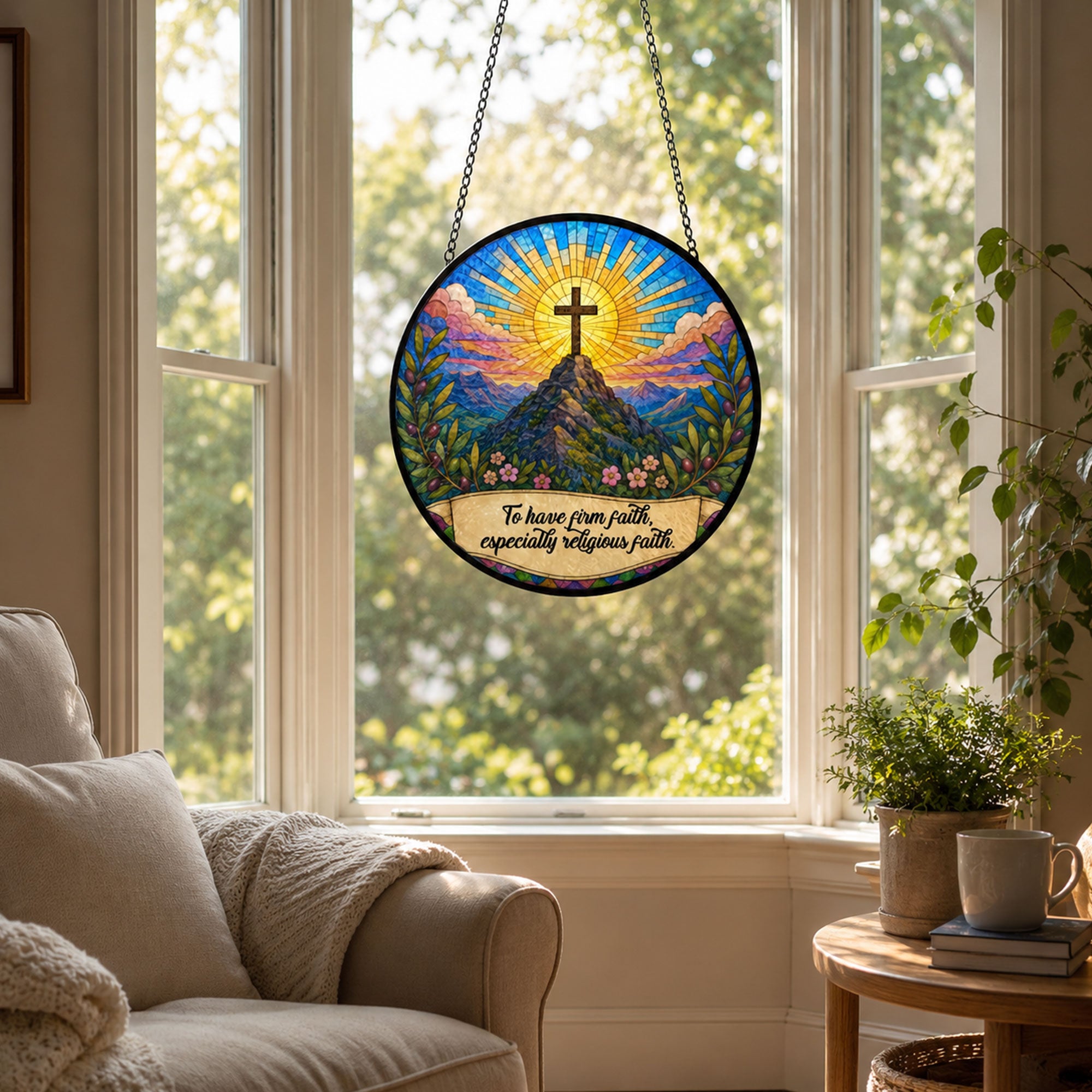 Firm Faith Christian Cross Suncatcher, Mountain Sunrise Window Hanging, Inspirational Religious Gift