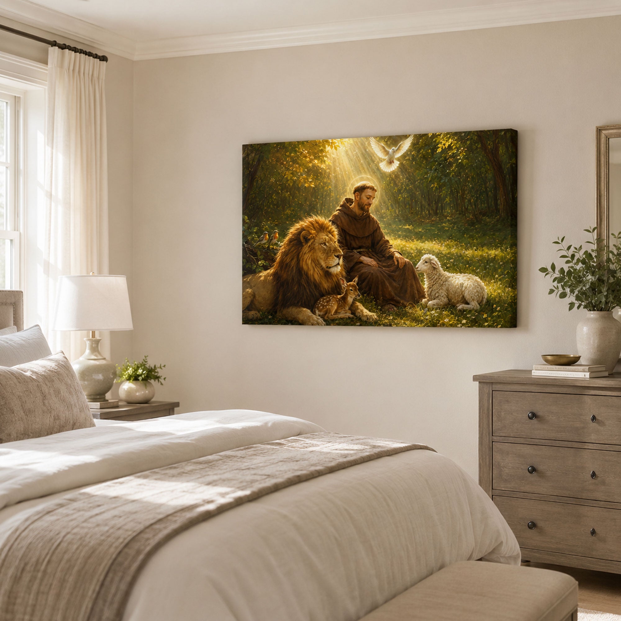 Saint Francis of Assisi with Animals Canvas Print, Catholic Saint Wall Art, Peaceful Faith Home Decor Gift