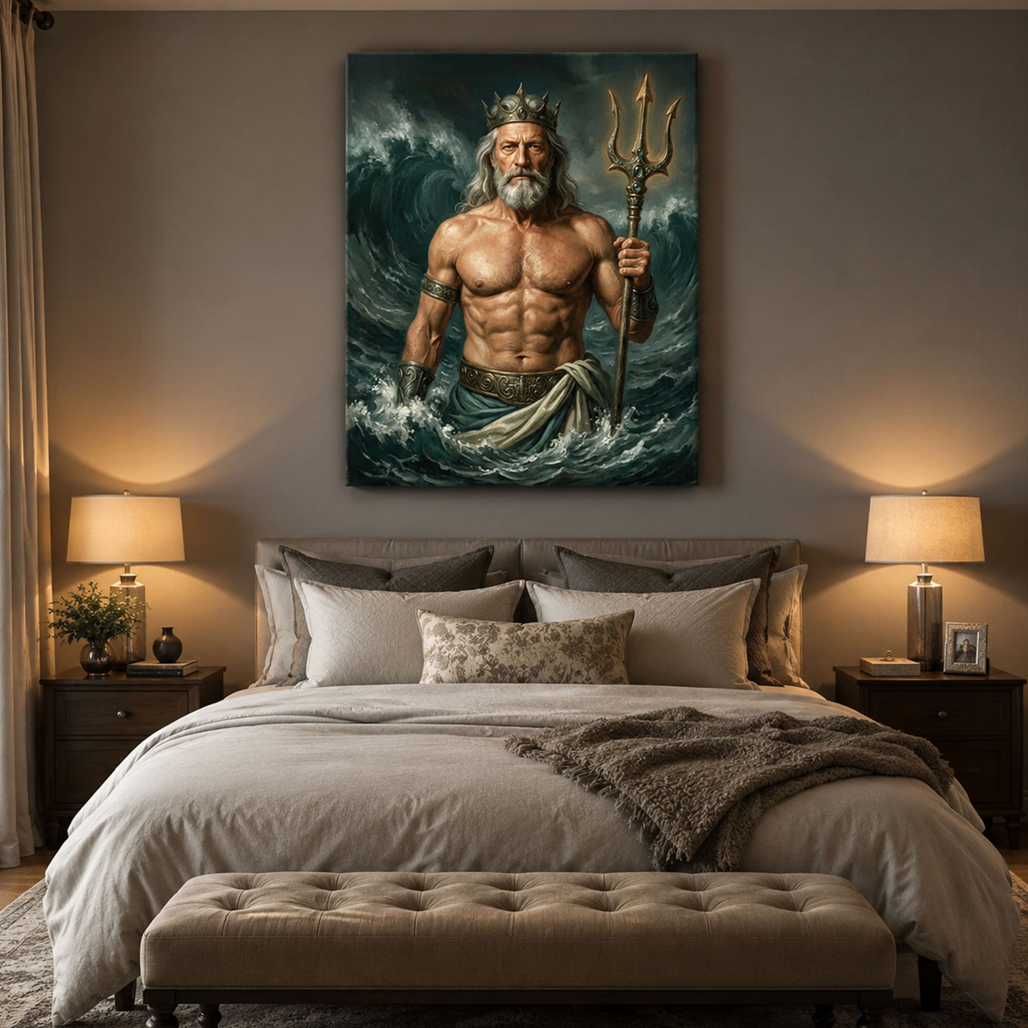 Custom Face For Dad Poseidon Canvas, Personalized Sea God Portrait, Funny Father’s Day Gift