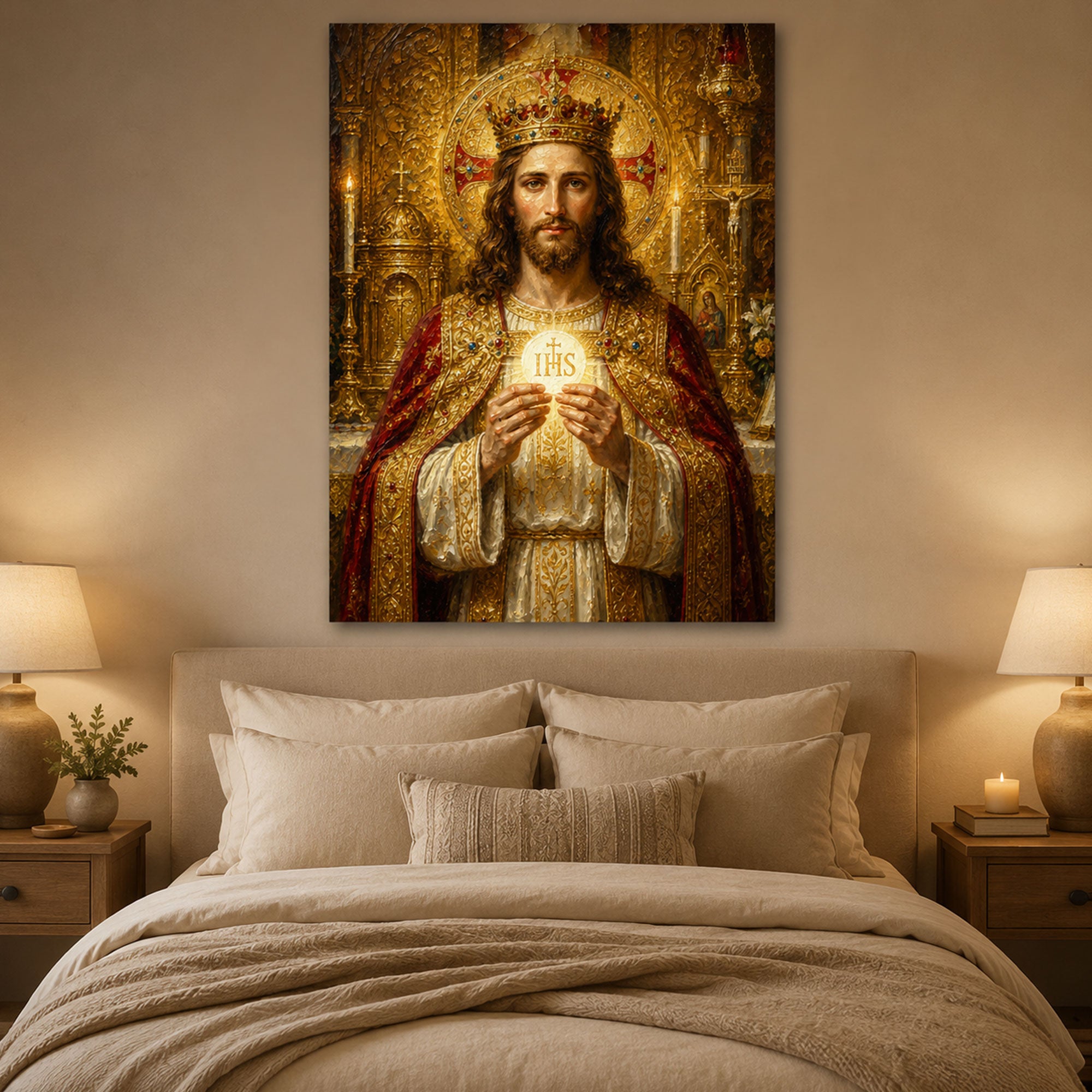 Christ the King Eucharistic Canvas Print, Jesus Holding the Holy Eucharist, Catholic Religious Wall Art, Sacred Christian Home Decor