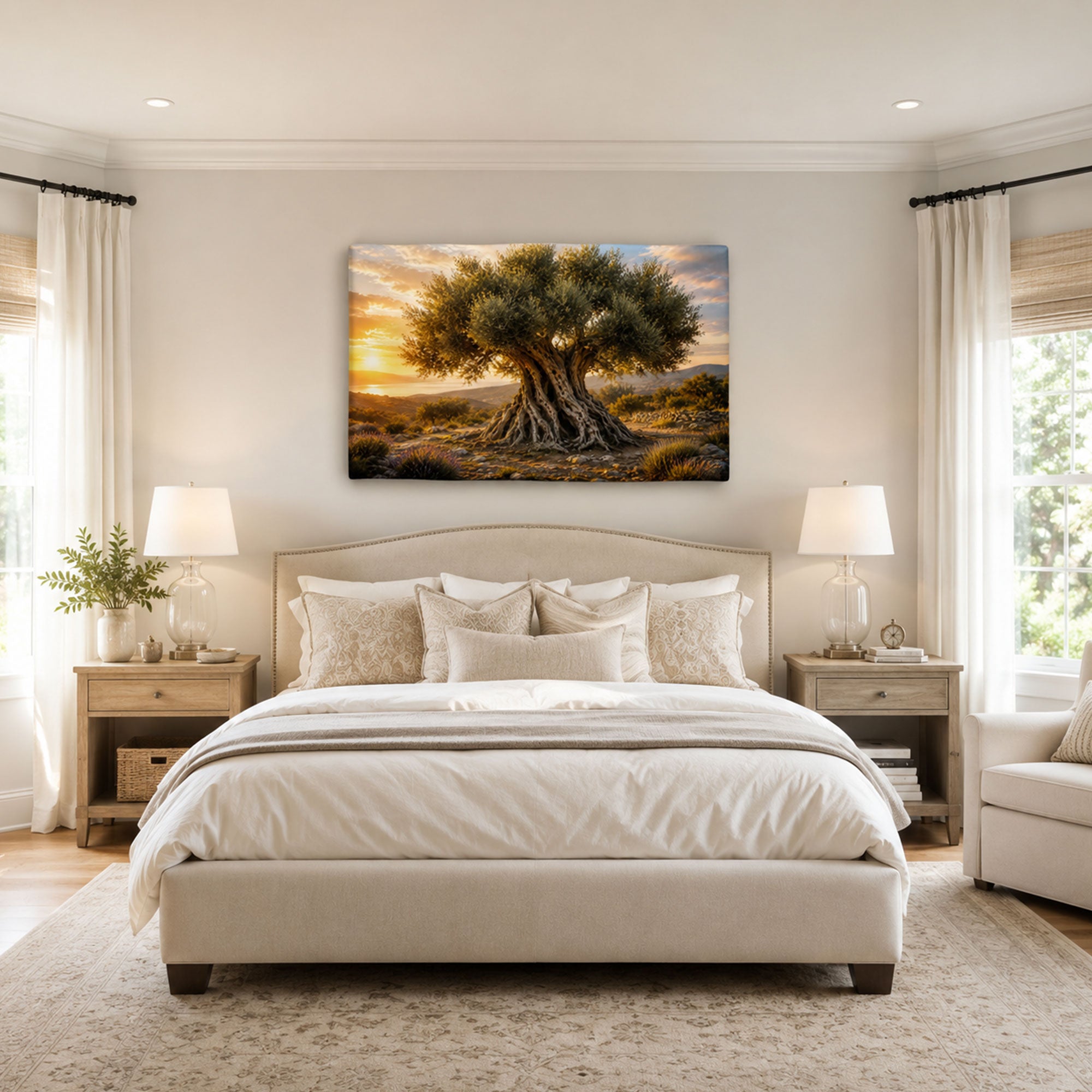 Ancient Olive Tree Canvas Print, Biblical Landscape Christian Wall Art, Golden Sunset Faith Home Decor Gift