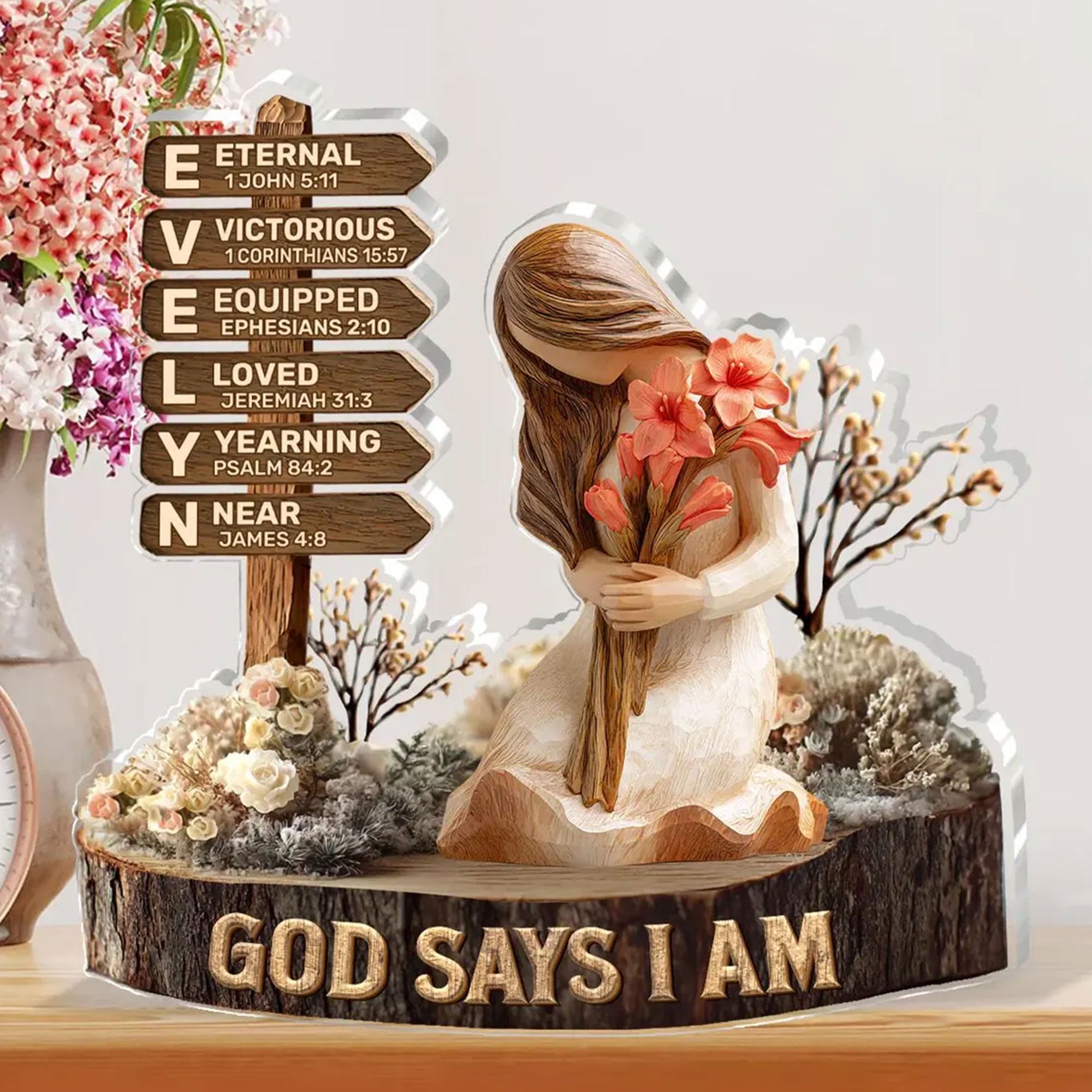 Personalized God Says I Am Acrylic Plaque for Evelyn, Christian Scripture Gift, 2D Flat Faith Table Decor