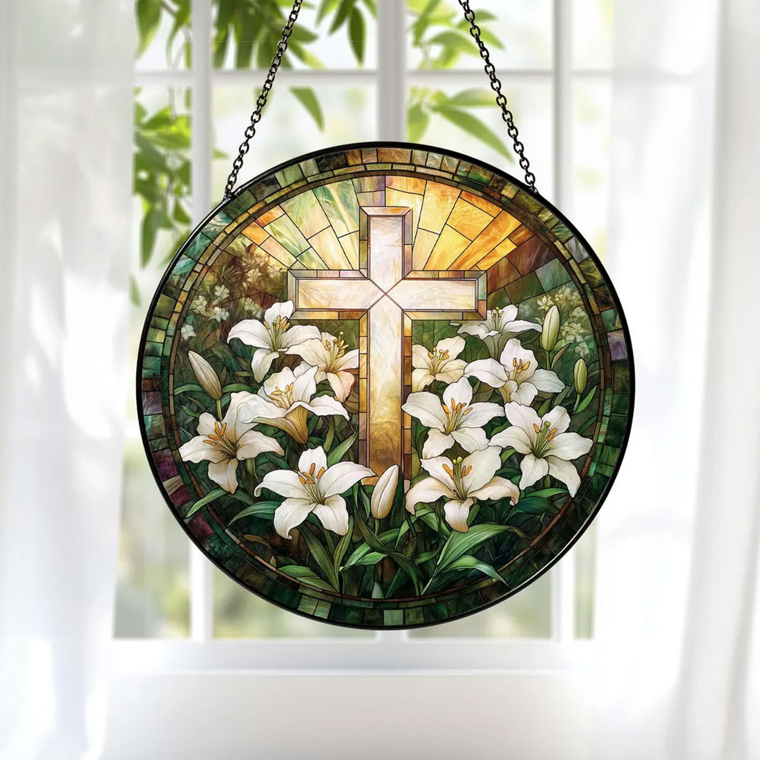 Stained Glass Lily Cross Suncatcher, Christian Window Hanging Decor, Floral Faith Gift, Religious Home Ornament