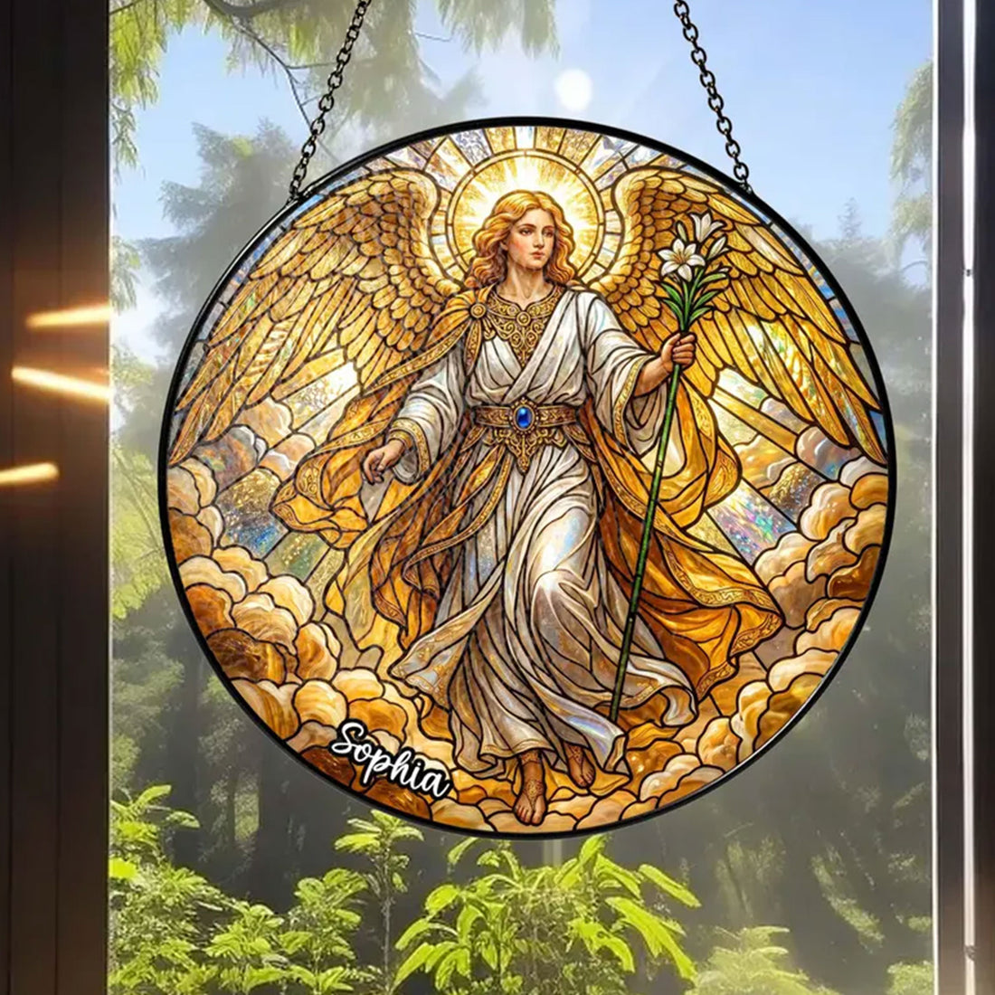 Guardian Angel Lily Suncatcher, Custom Name Angel Window Hanging Gift