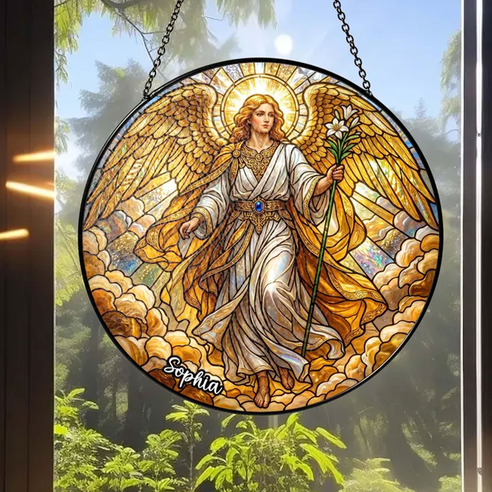 Guardian Angel Lily Suncatcher, Custom Name Angel Window Hanging Gift
