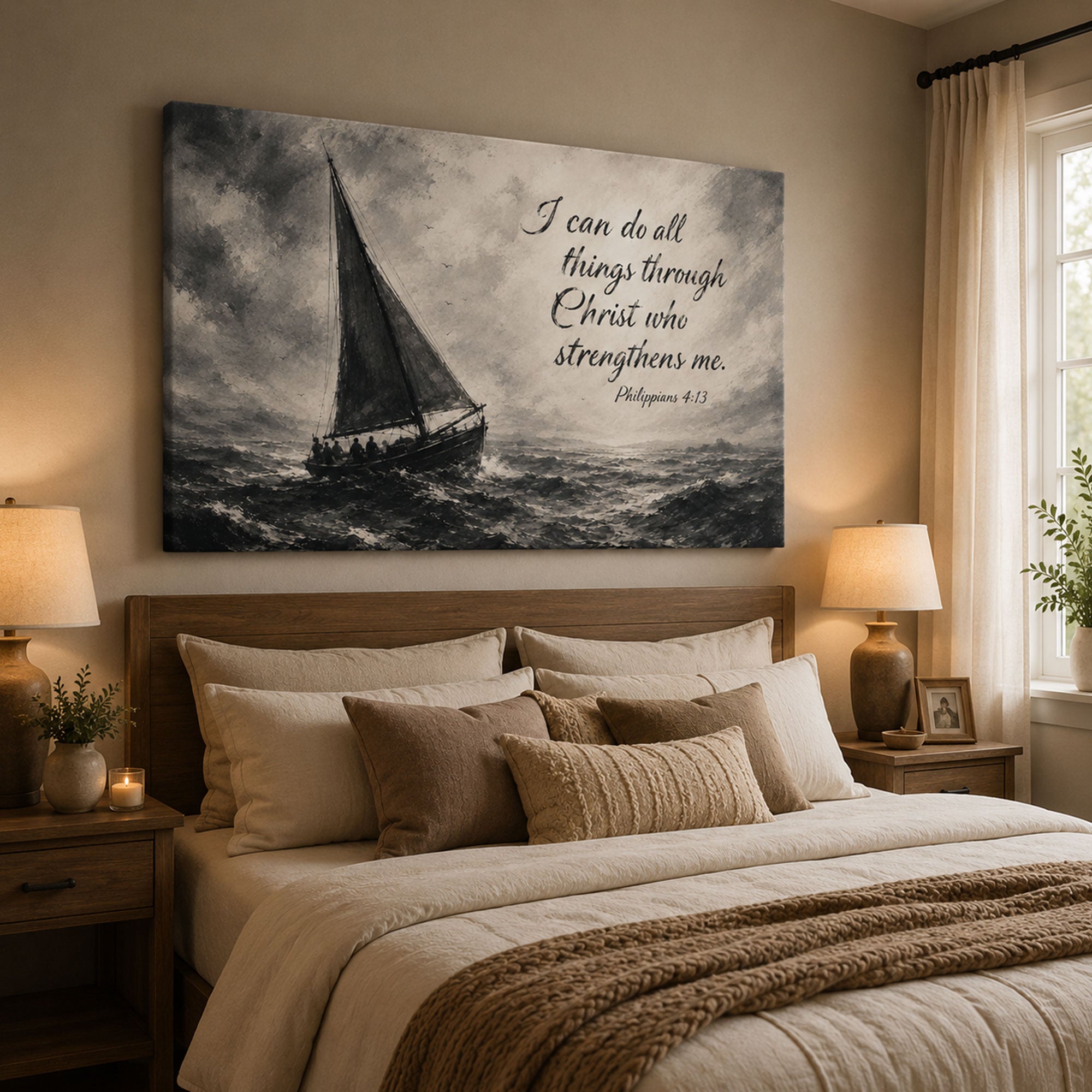 I Can Do All Things Philippians 4:13 Canvas Print, Stormy Sea Christian Scripture Wall Art, Faith Home Decor