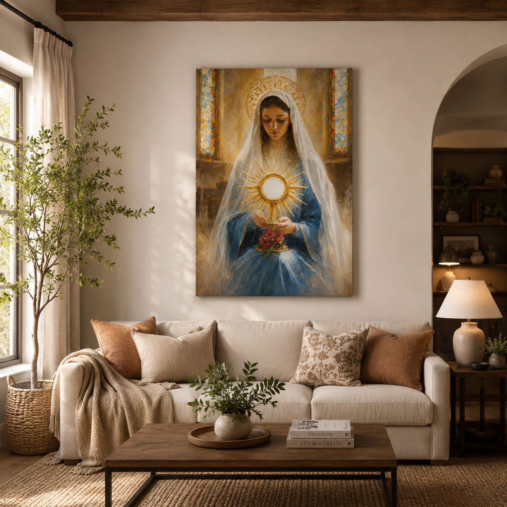 Our Lady of the Blessed Sacrament Canvas Print, Virgin Mary with Holy Eucharist Catholic Wall Art, Faith Home Decor Gift