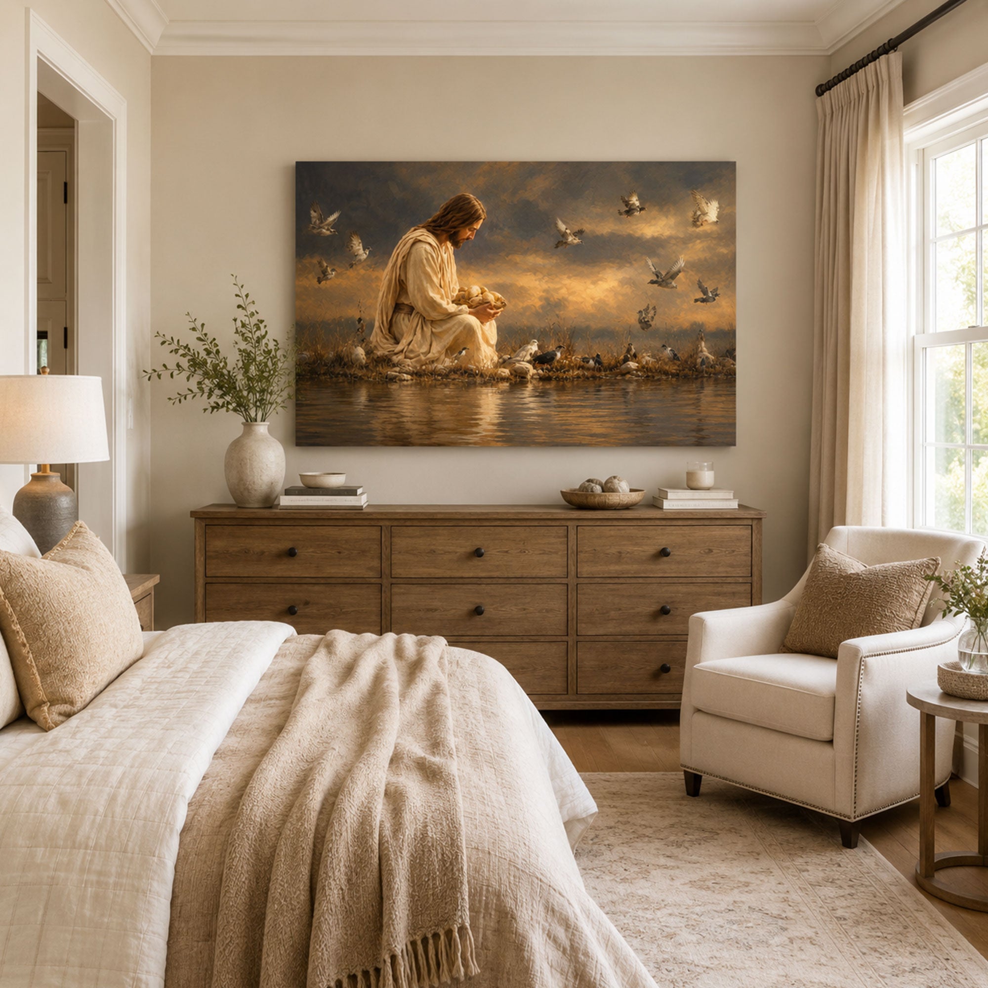 Jesus Caring for the Birds Canvas Print, Peaceful Christian Nature Decor