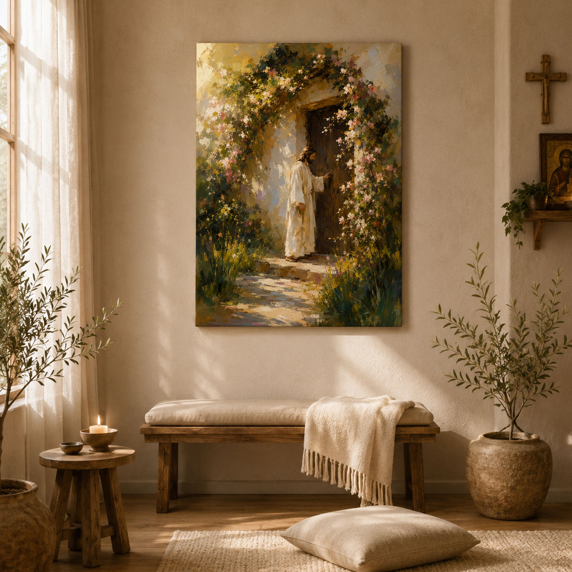 Jesus Knocking at the Door Canvas Print, Floral Christian Wall Art, Faith Home Decor