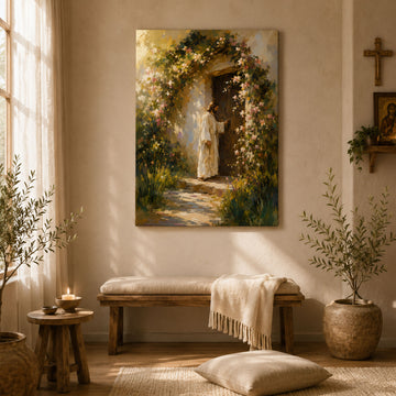 Jesus Knocking at the Door Canvas Print, Floral Christian Wall Art, Faith Home Decor