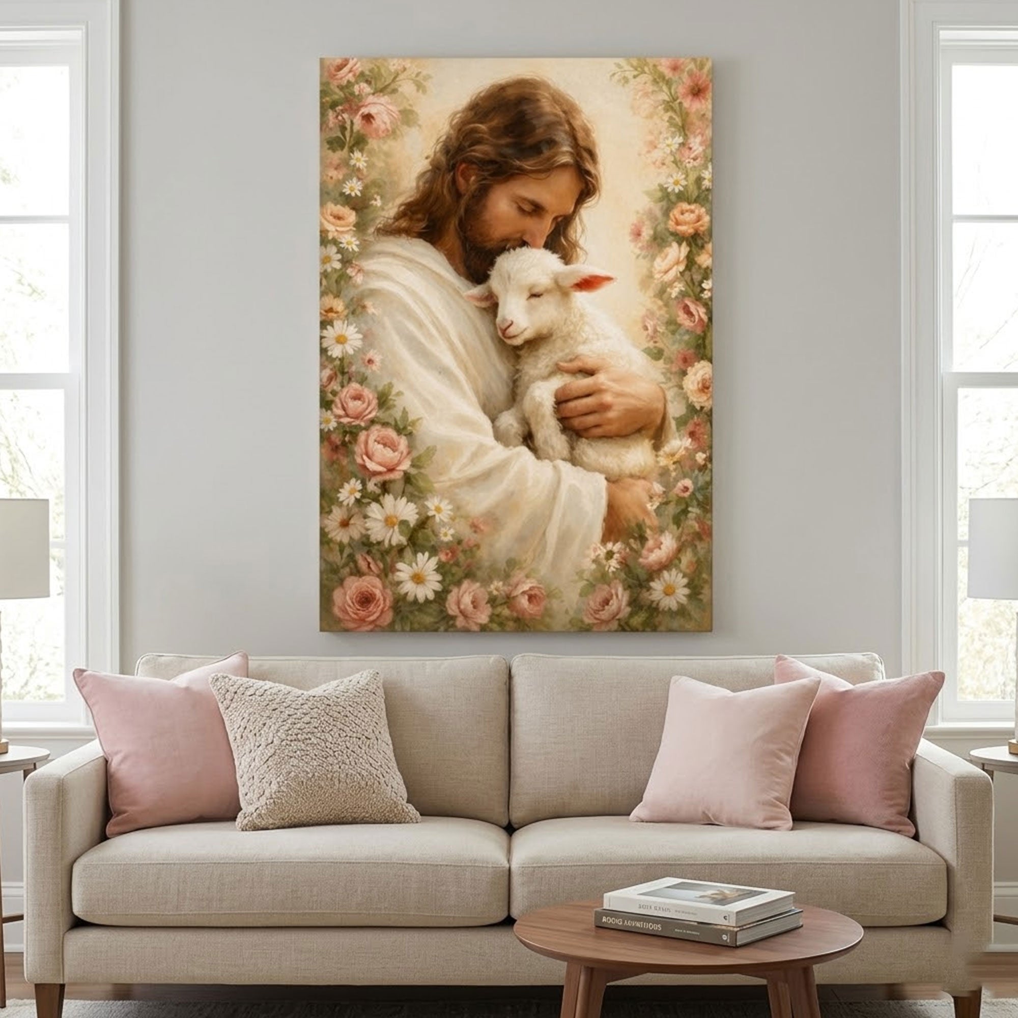 Jesus and Lamb Canvas Print, Good Shepherd Christian Wall Art, Peaceful Faith Home Decor