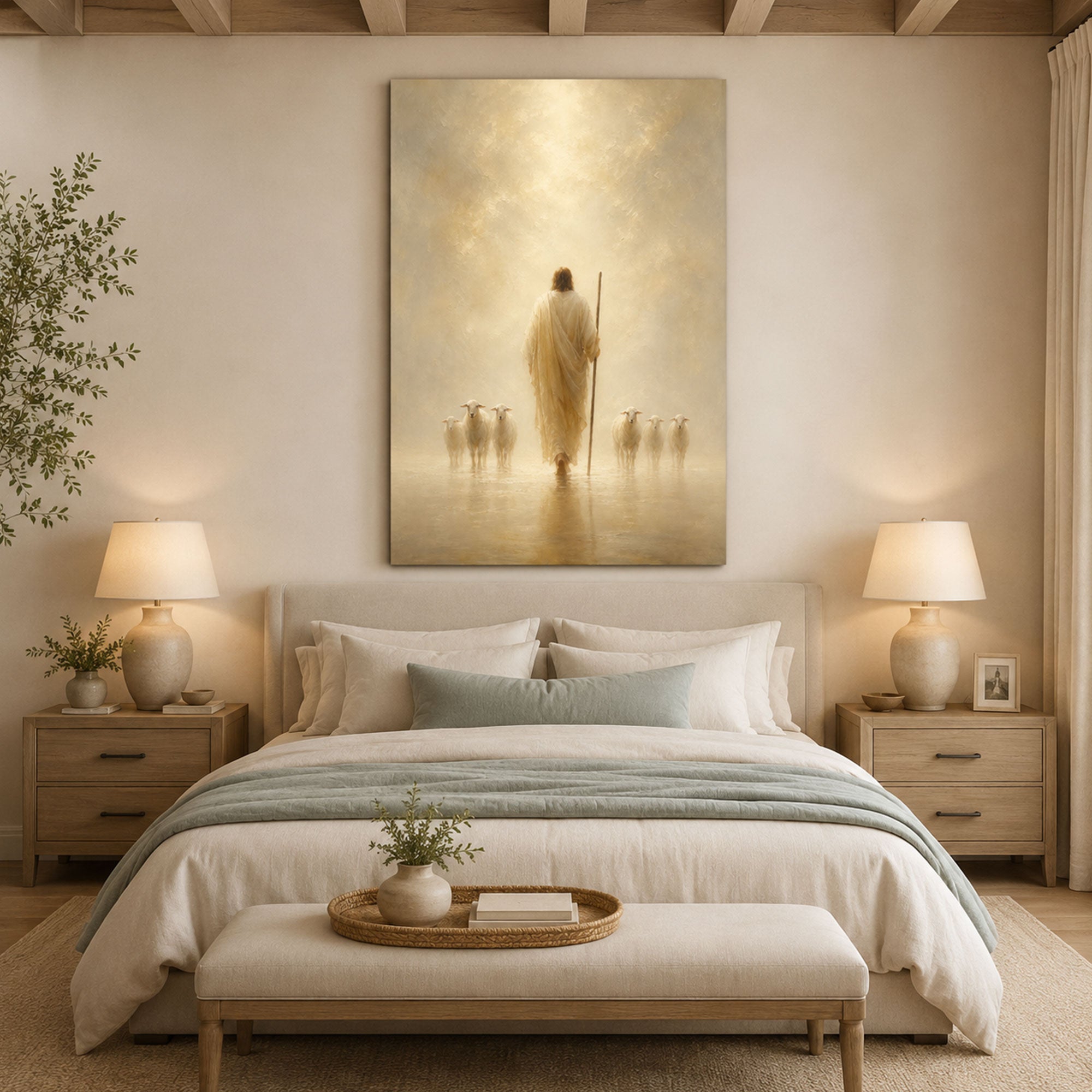 Jesus Shepherd Walking with Sheep Canvas Print, Peaceful Christian Wall Art, Spiritual Faith Home Decor