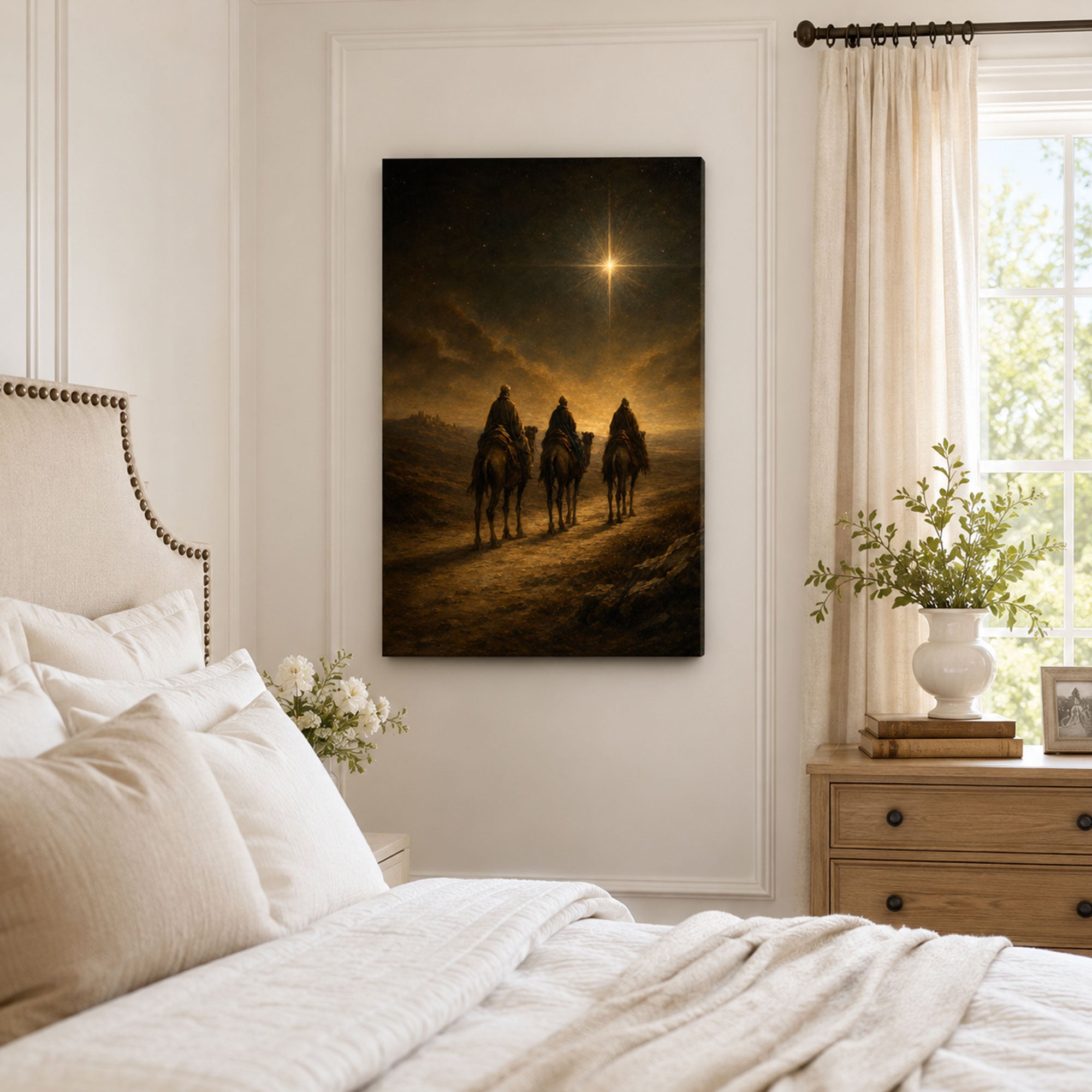 Three Wise Men Beneath the Bethlehem Star Canvas Print, Dark Gold Christian Decor