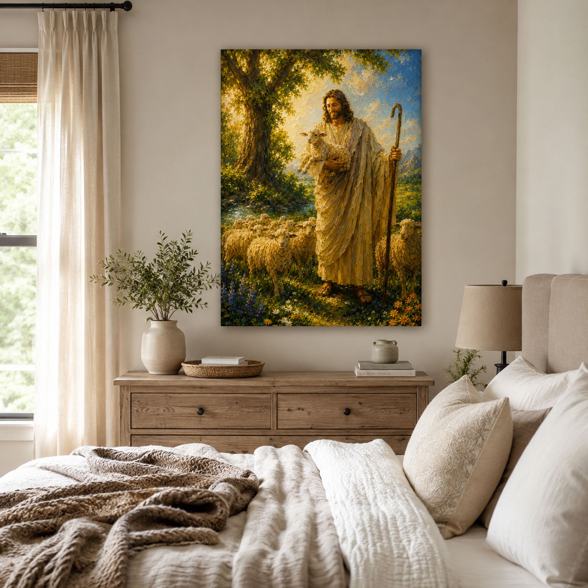 Good Shepherd with Lamb Canvas Print, Jesus Shepherd Christian Wall Art, Faith Home Decor Gift