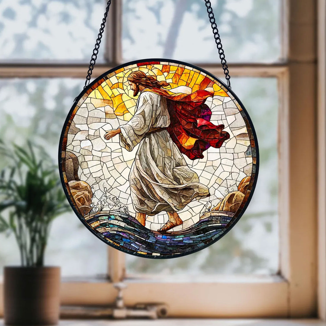 Jesus Stained Glass Suncatcher, Christian Window Hanging Decor, Religious Faith Gift, Spiritual Home Ornament
