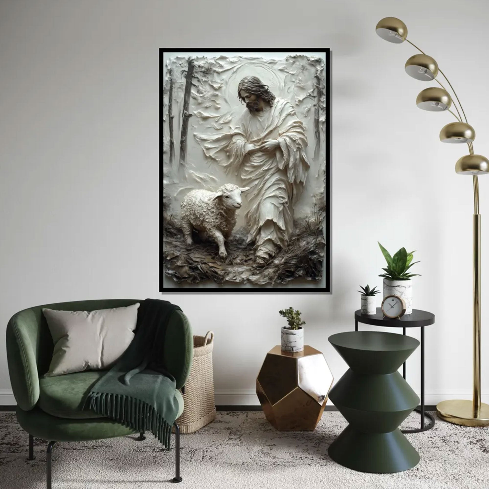 Good Shepherd Canvas Print, 3D Impasto Jesus with Lamb Wall Art, Earthy Neutral Christian Decor, Inspirational Faith Gift, Religious Home Artwork
