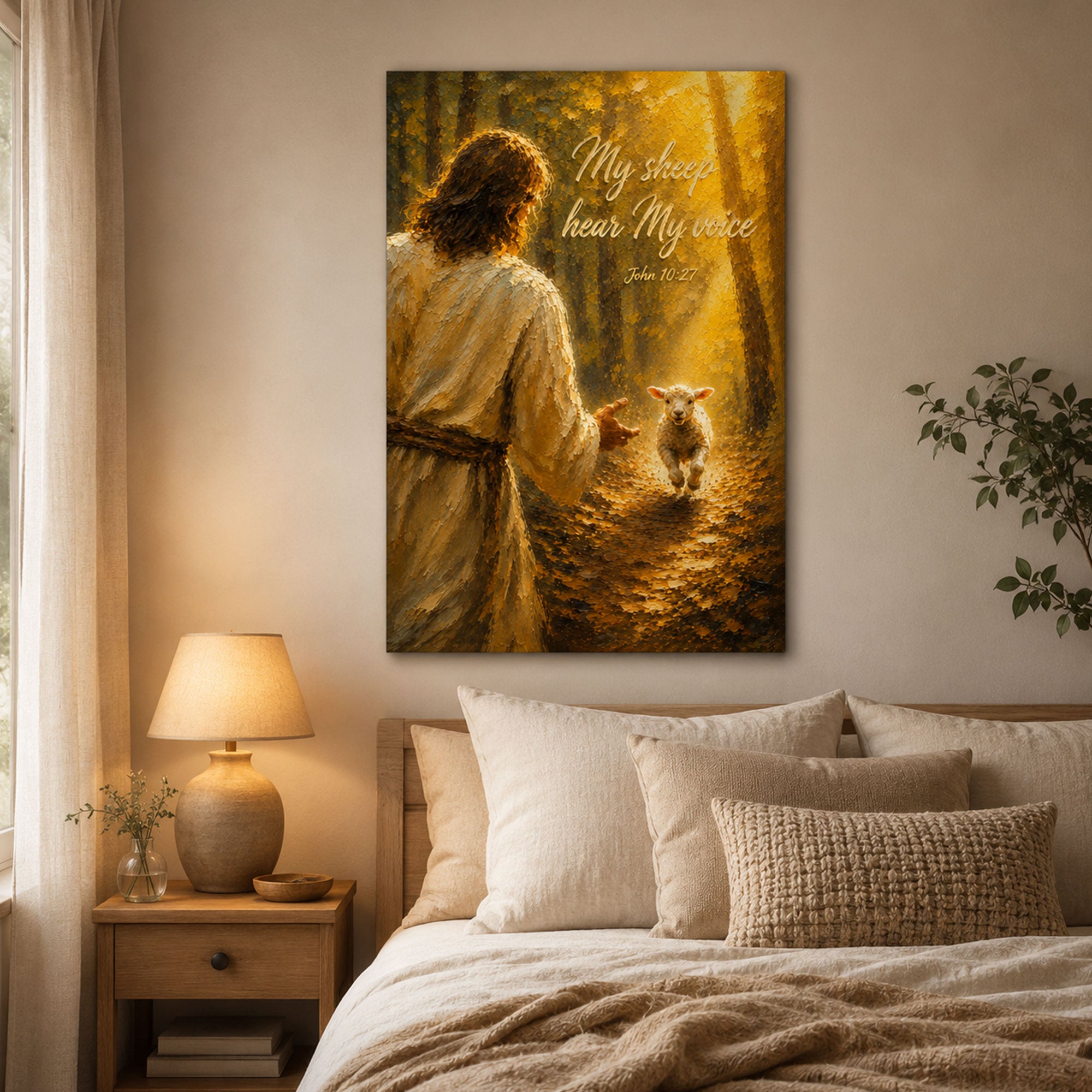 My Sheep Hear My Voice Canvas Print, Jesus and Lamb John 10:27 Christian Wall Art for Home Decor