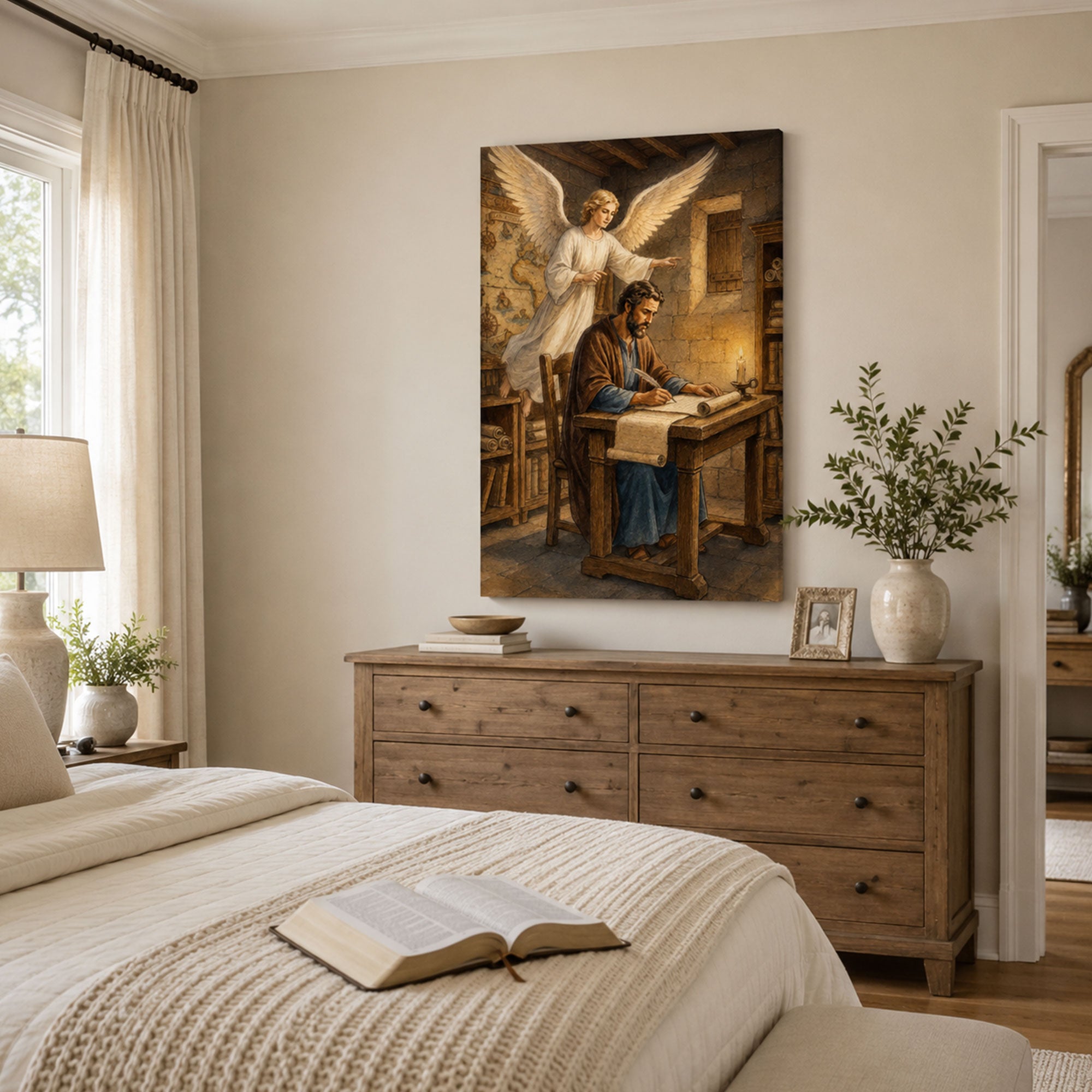 Saint Matthew Writing the Gospel Canvas Print, Angel Inspired Catholic Wall Decor, Faith Gift