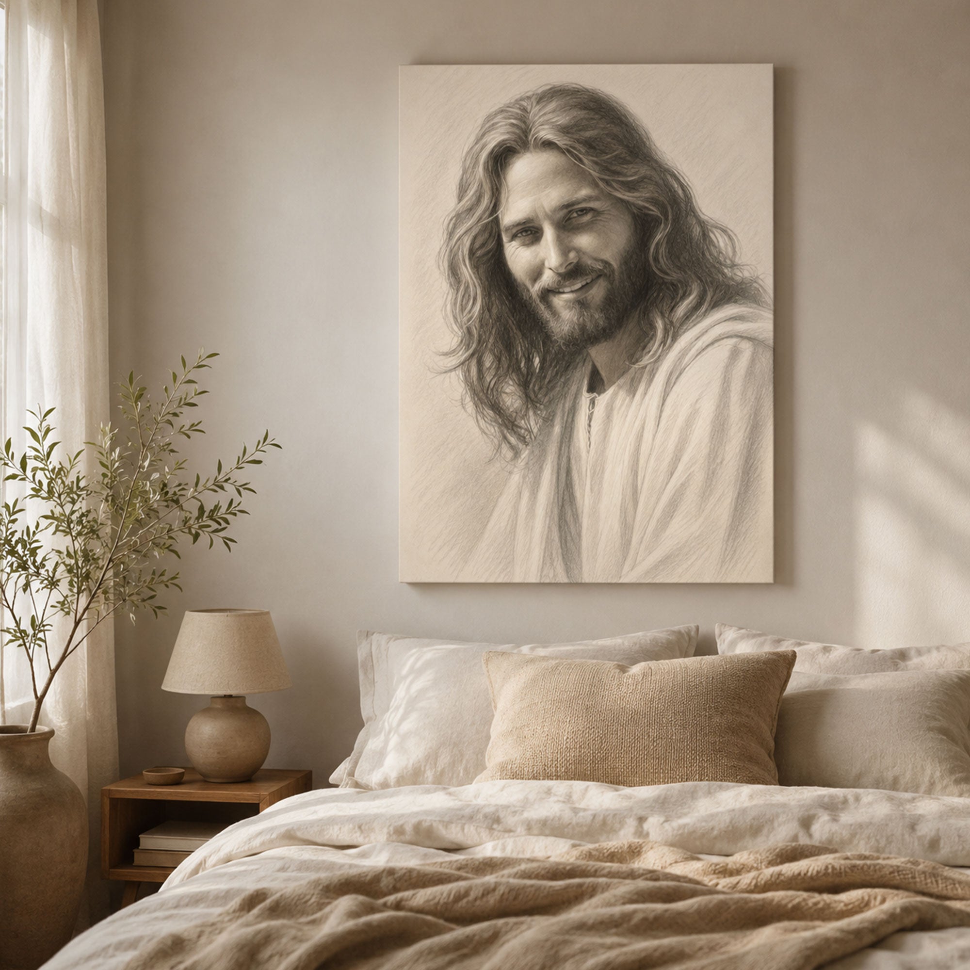 Jesus Pencil Sketch Canvas Print, Christian Portrait Wall Art, Minimalist Faith Home Decor