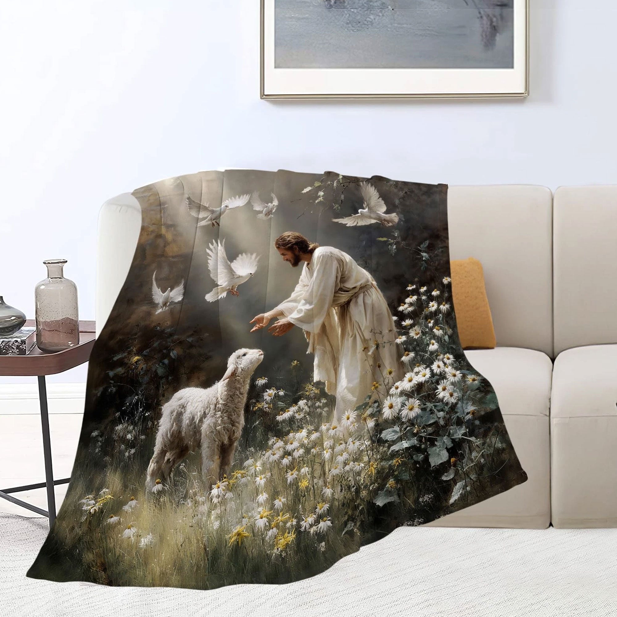 Jesus Lamb Fleece Blanket, Christian Jesus Throw, Soft Cozy Faith Blanket, Religious Gift, Christian Home Decor