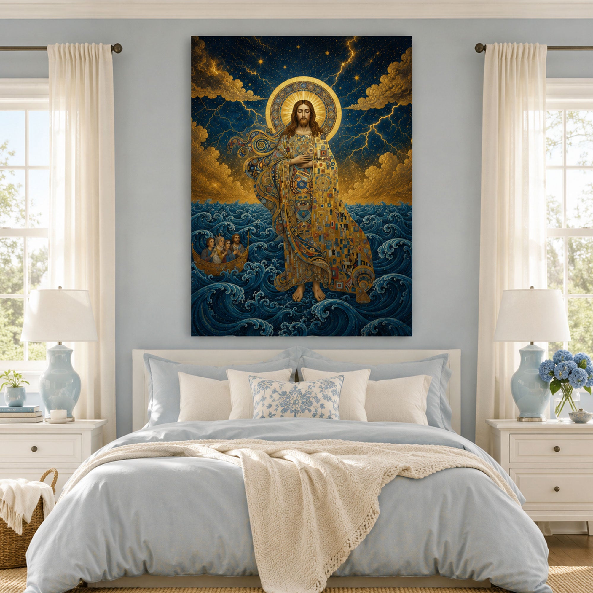 Jesus Walking on the Stormy Sea Canvas Print, Byzantine Mosaic Christian Wall Art, Faith Over Fear Religious Home Decor